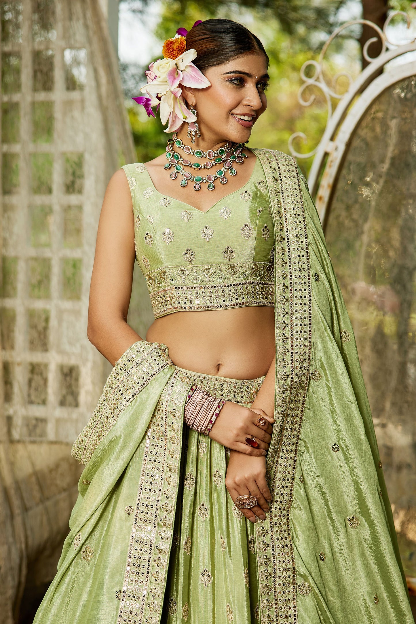 Lime green colour Chiffon Sequins embroidery Lehenga choli & Dupatta