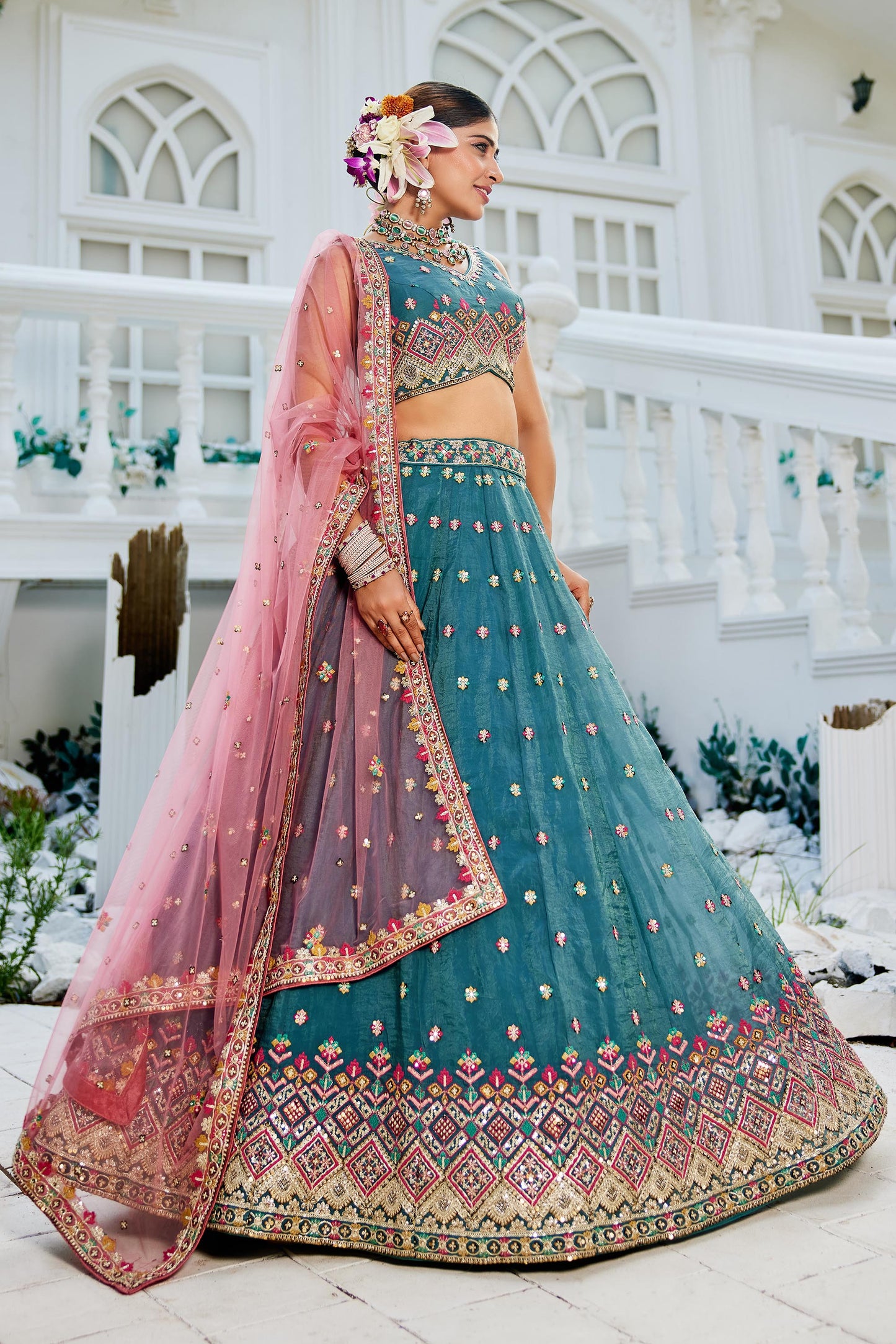 Teal colour Tissue Sequinse embroidery Lehenga choli & Dupatta