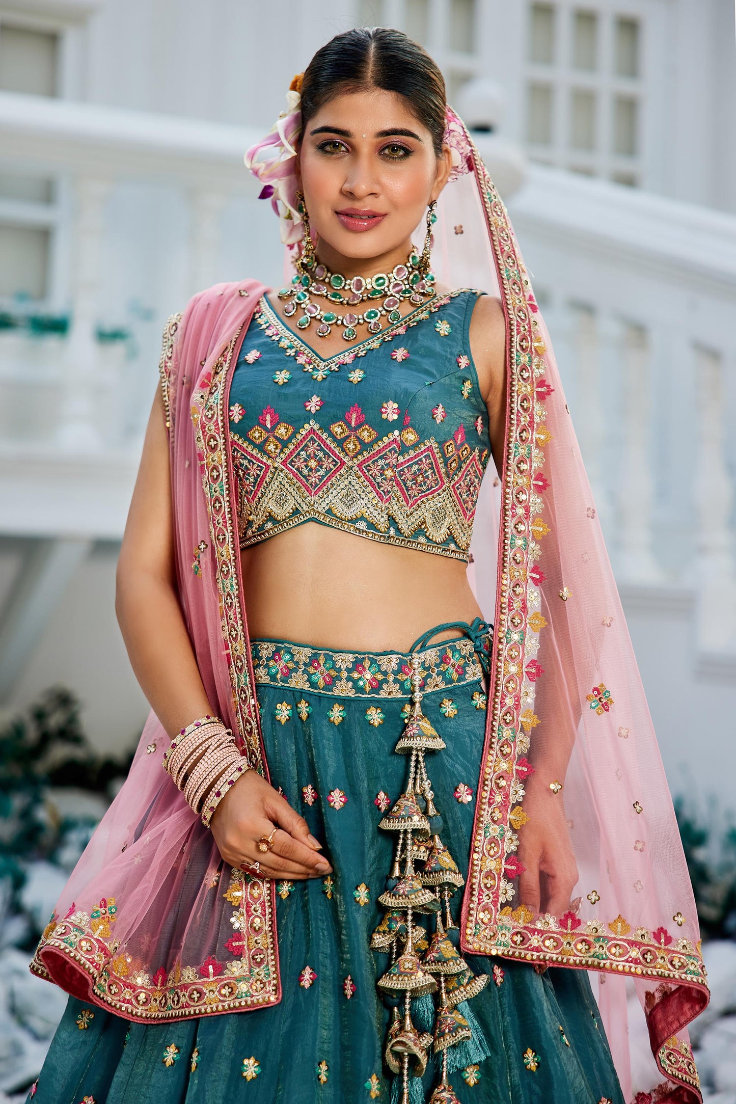 Teal colour Tissue Sequinse embroidery Lehenga choli & Dupatta
