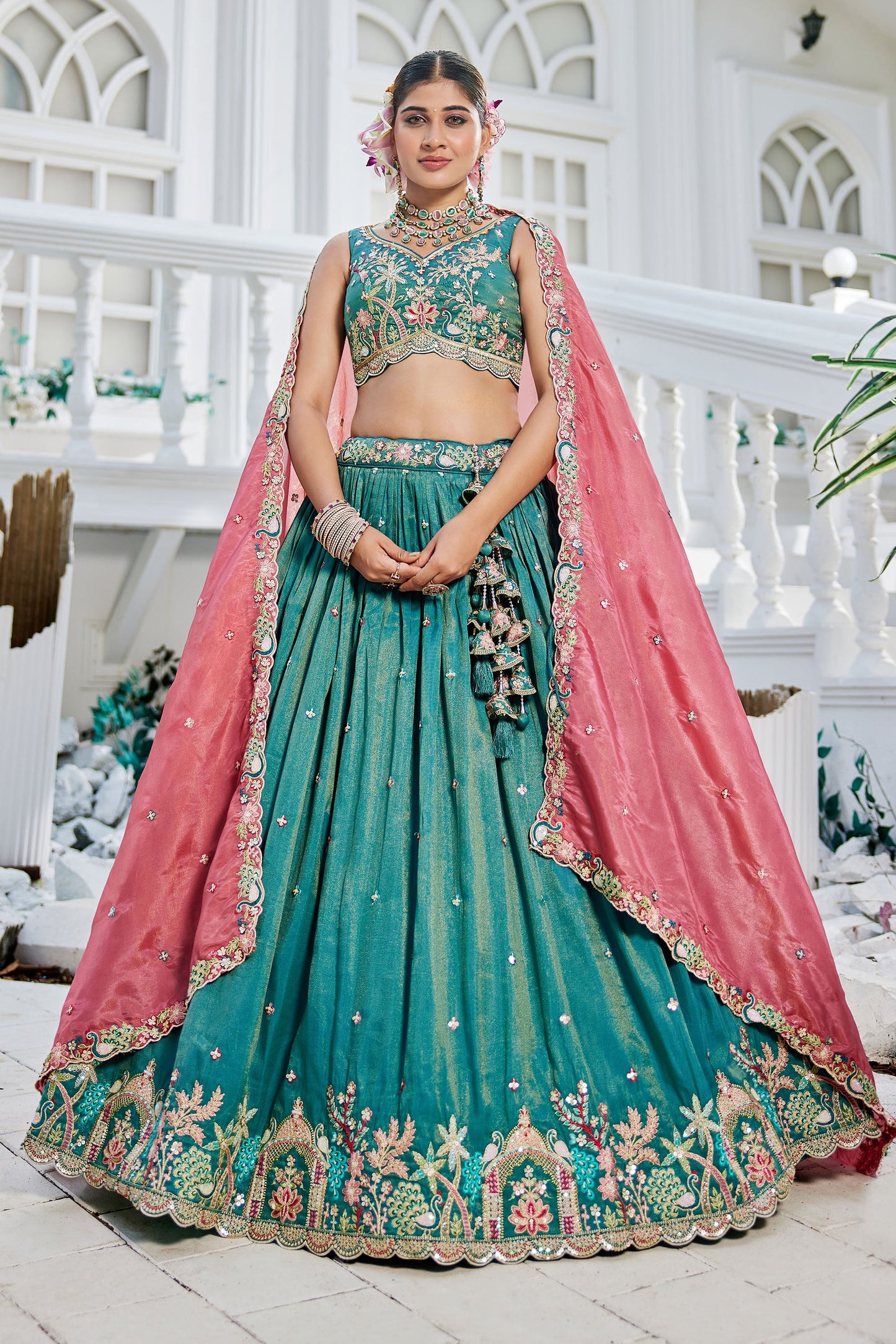 Sea Green colour Satin Sequins embroidery Lehenga choli & Dupatta