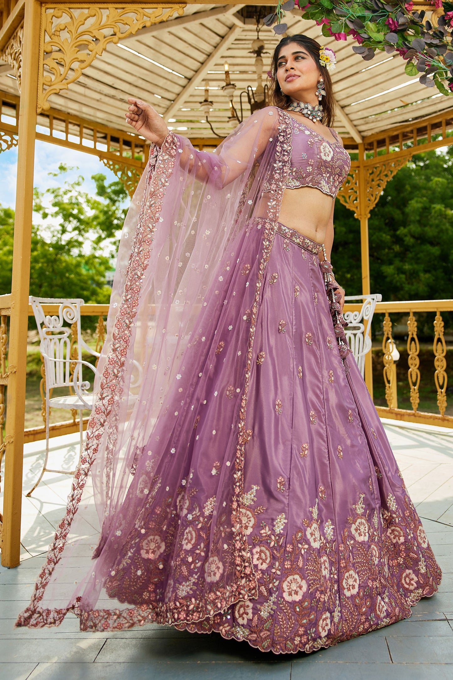 Rose gold colour Satin Sequins embroidery Lehenga choli & Dupatta