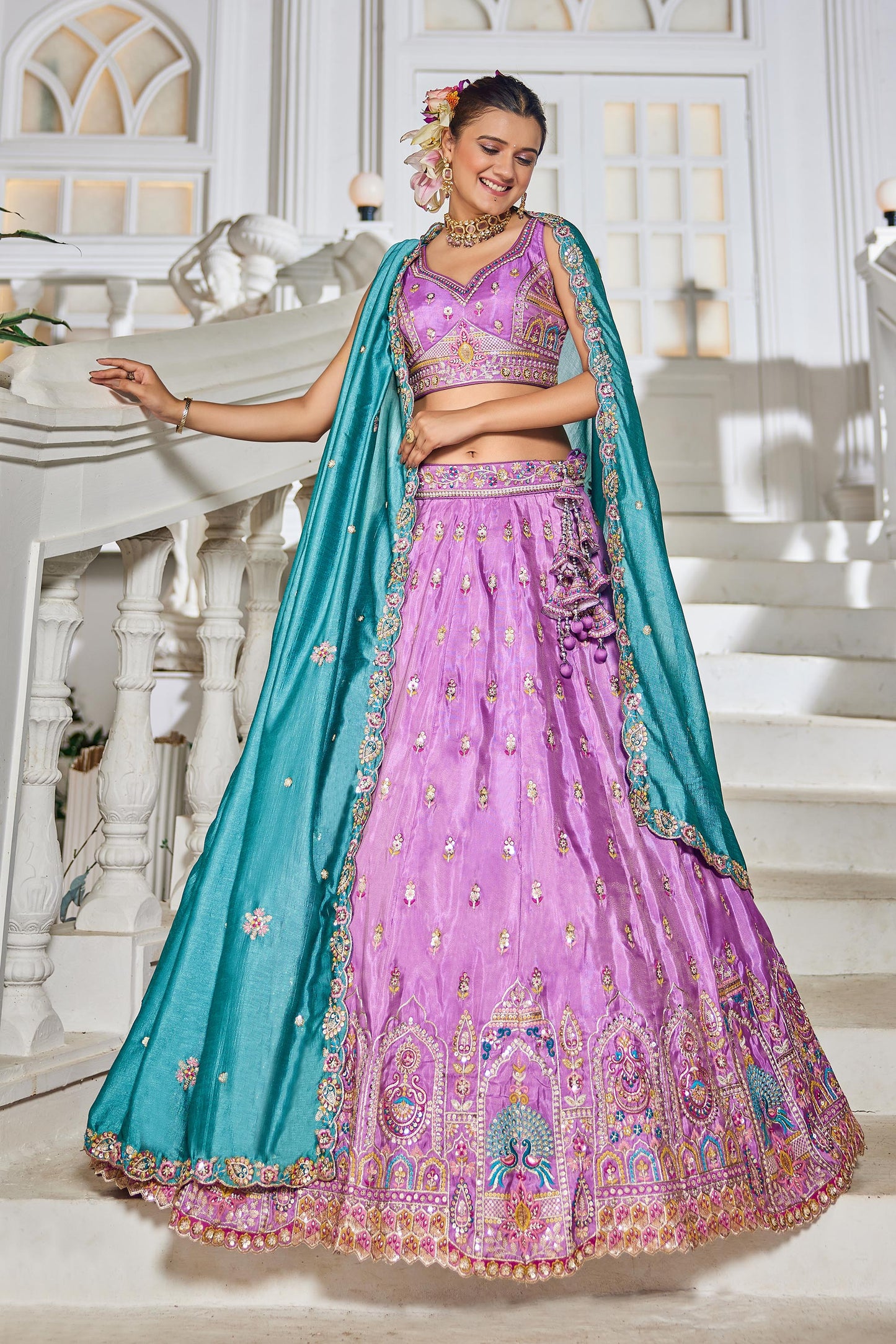 Lavender colour Tissue Sequinse embroidery Lehenga choli & Dupatta