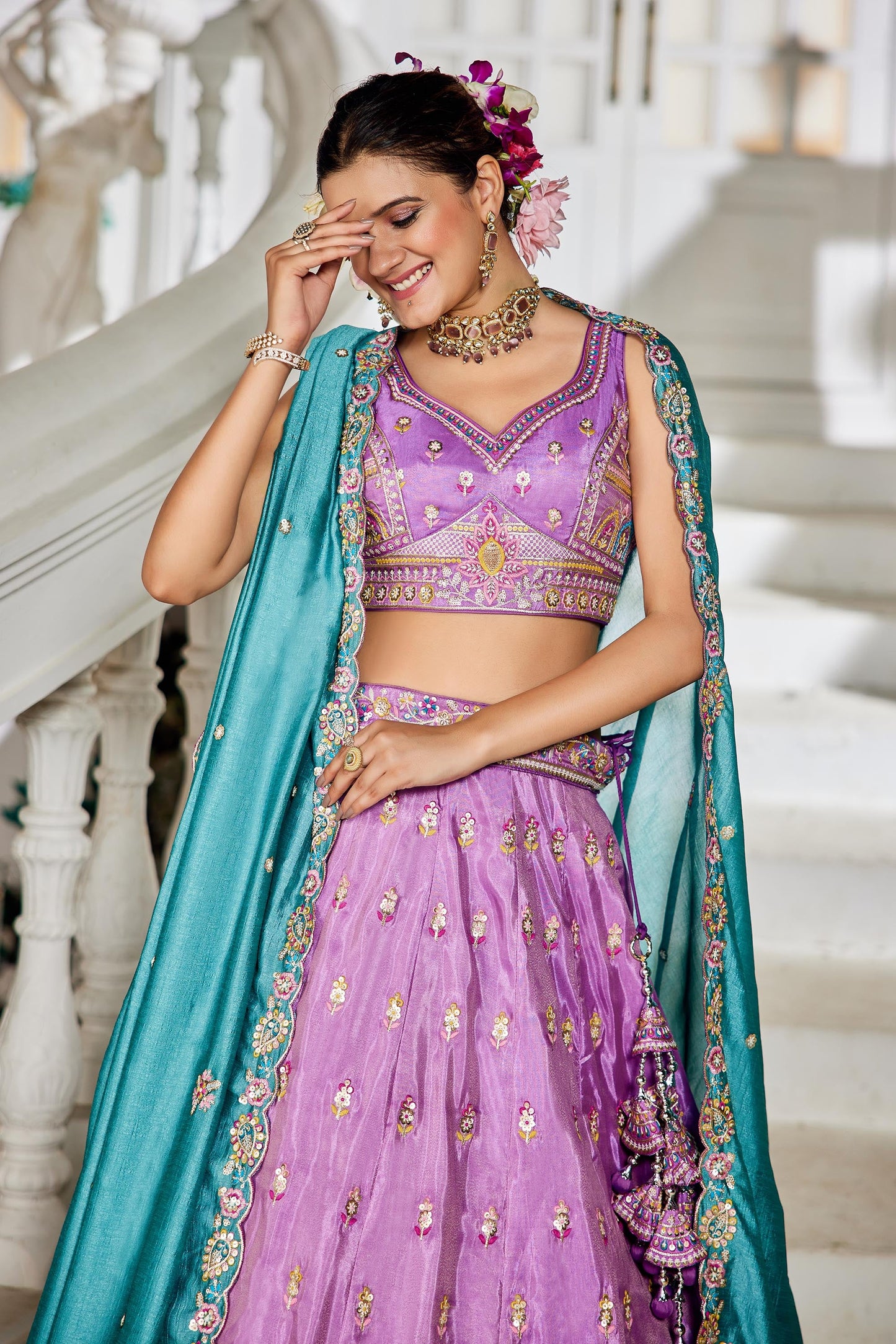 Lavender colour Tissue Sequinse embroidery Lehenga choli & Dupatta