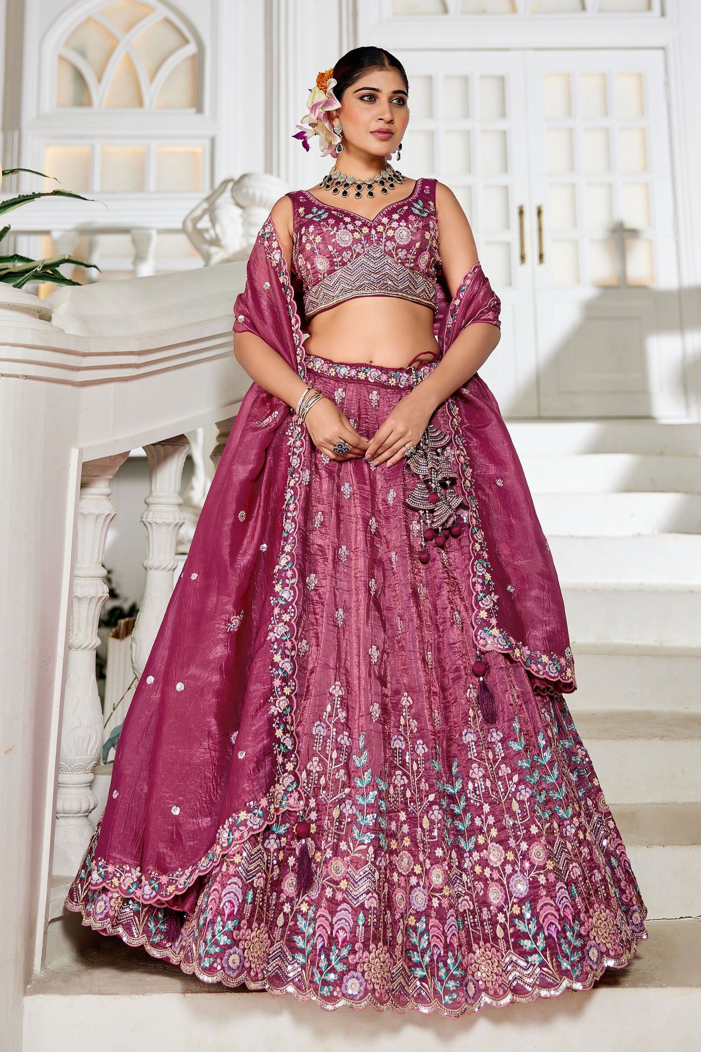 Burgundy colour Tissue Sequins embroidery Lehenga choli & Dupatta