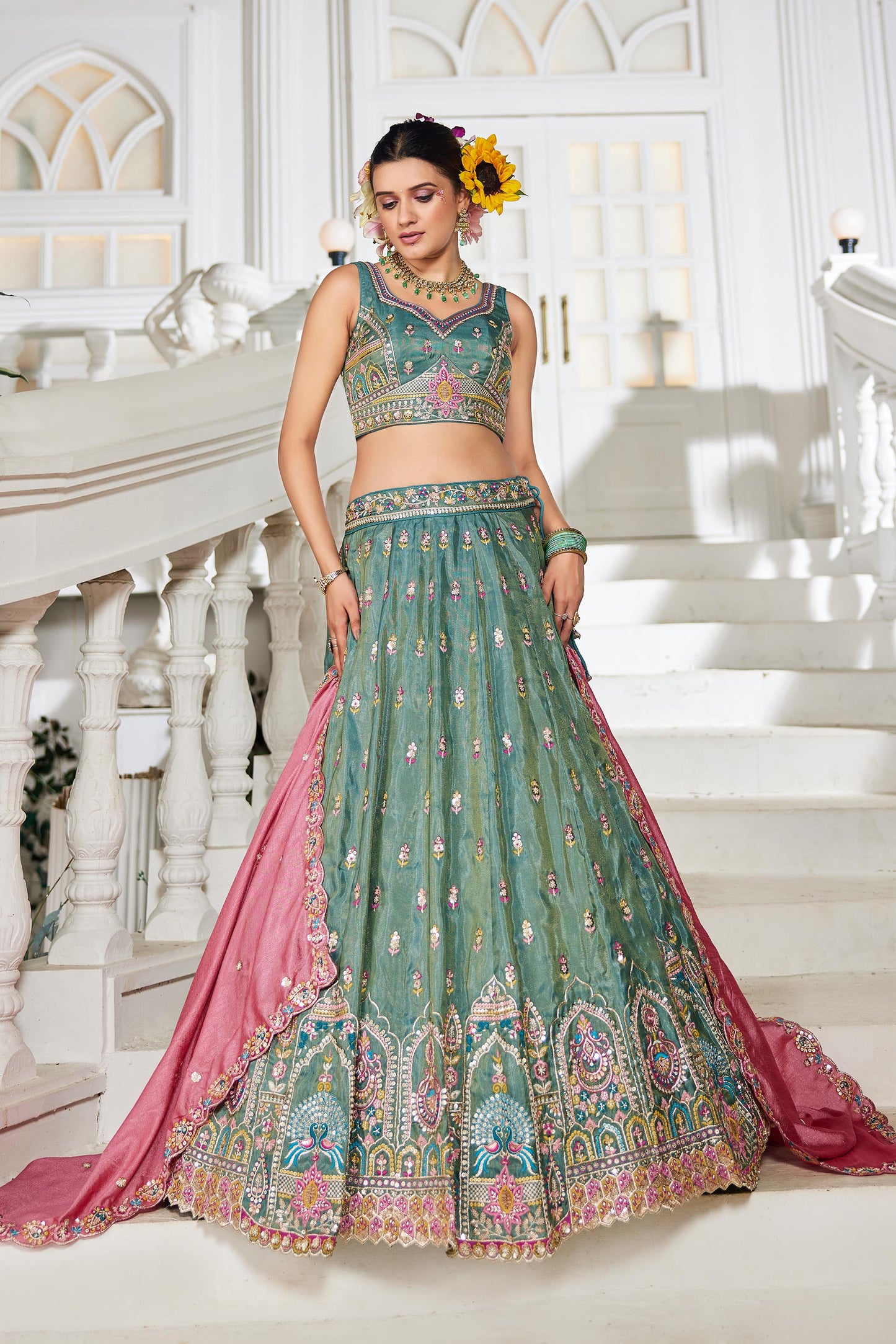 Sea green colour Tissue Sequinse embroidery Lehenga choli & Dupatta