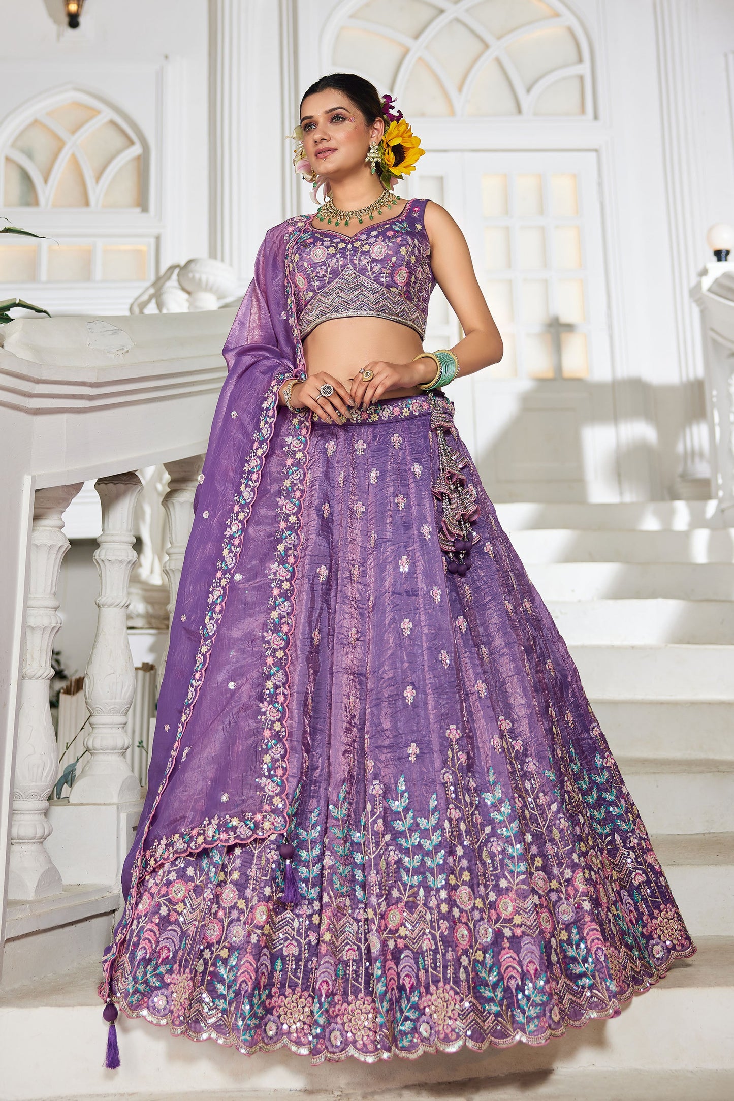 Purple colour Tissue Sequins embroidery Lehenga choli & Dupatta