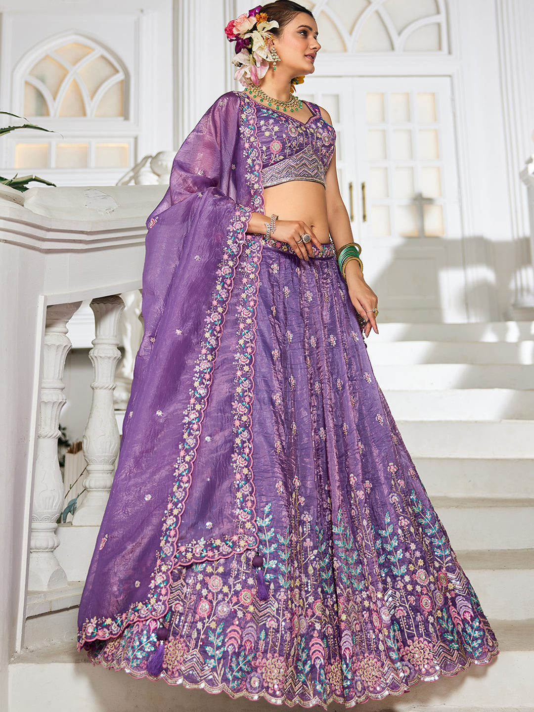 Purple colour Tissue Sequins embroidery Lehenga choli & Dupatta