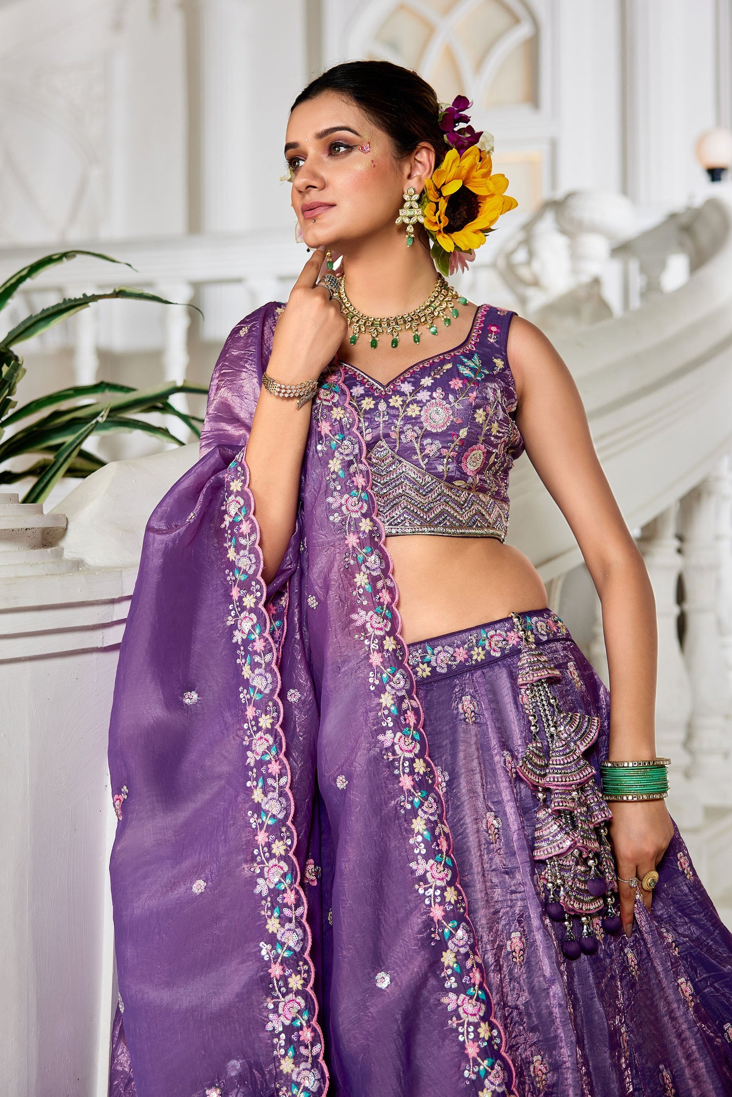 Purple colour Tissue Sequins embroidery Lehenga choli & Dupatta