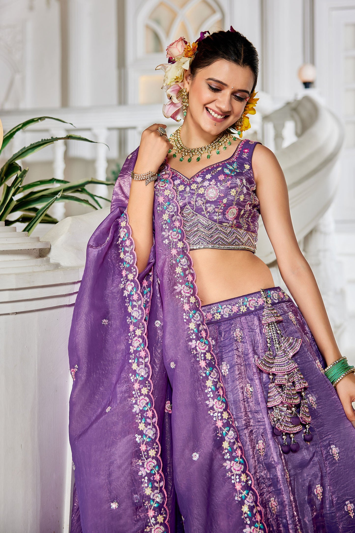 Purple colour Tissue Sequins embroidery Lehenga choli & Dupatta