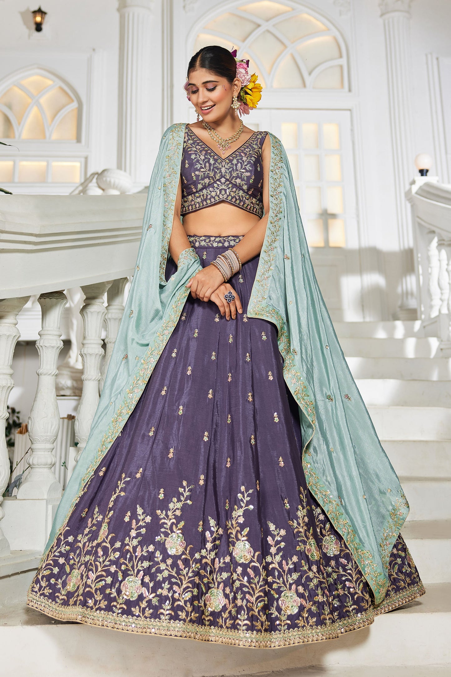Violet colour Chiffon Sequins embroidery Lehenga choli & Dupatta