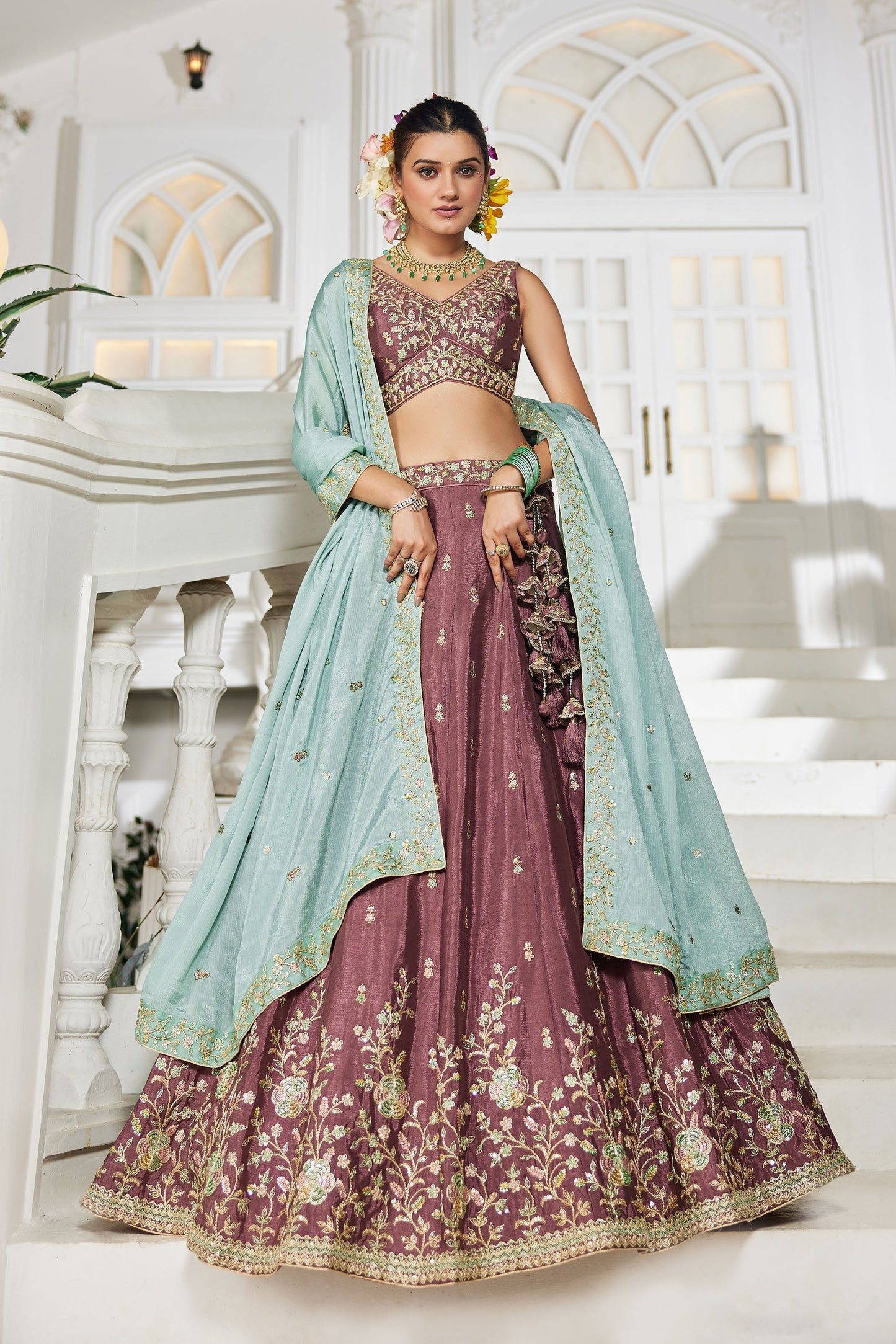 Rose gold colour Chiffon Sequins embroidery Lehenga choli & Dupatta