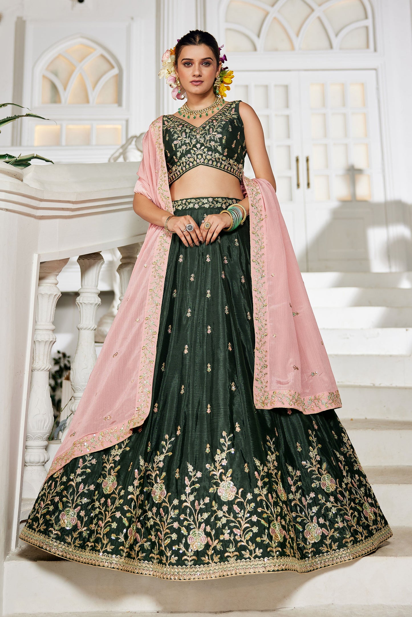 Olive colour Chiffon Sequins embroidery Lehenga choli & Dupatta