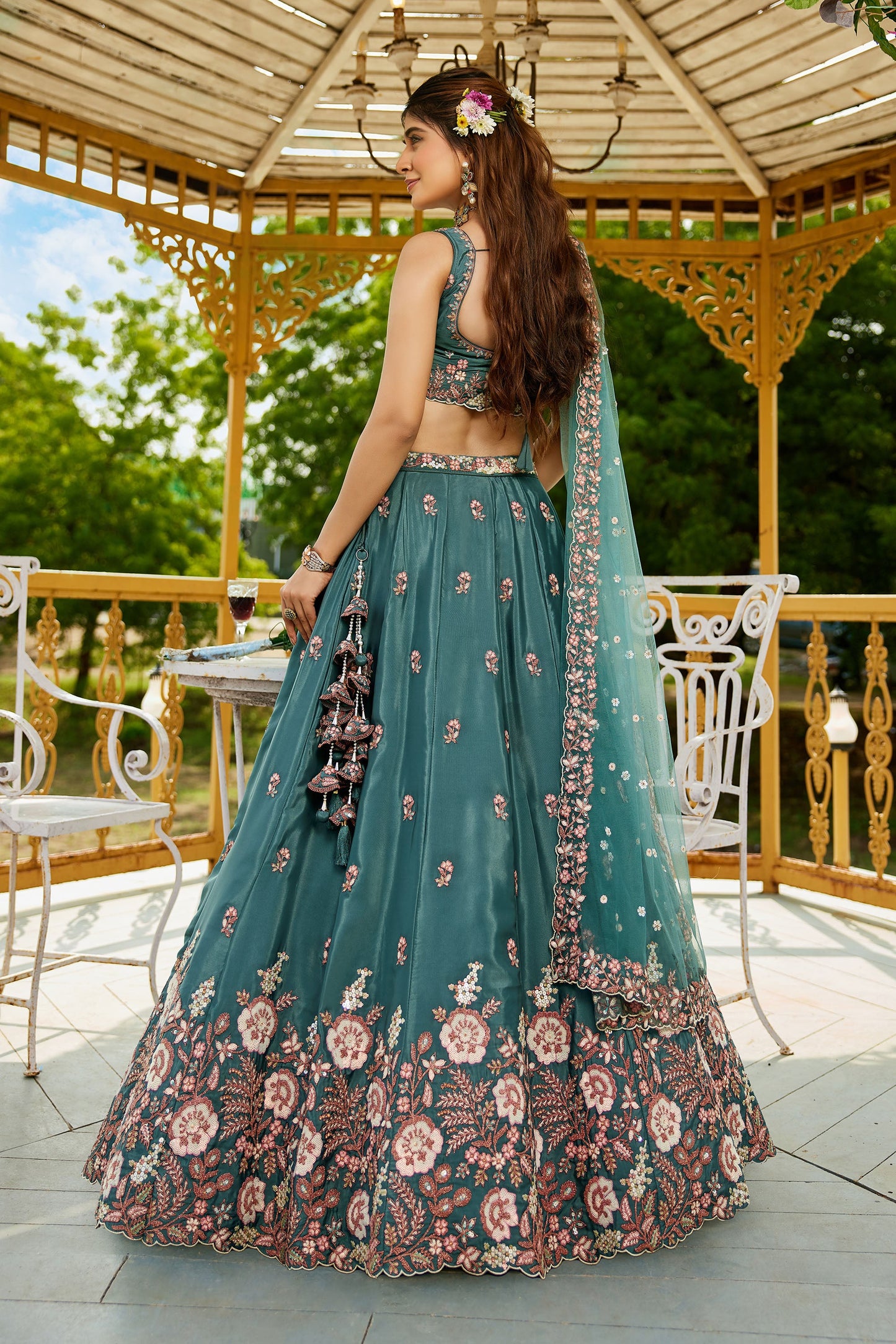 Teal colour Satin Sequins embroidery Lehenga choli & Dupatta
