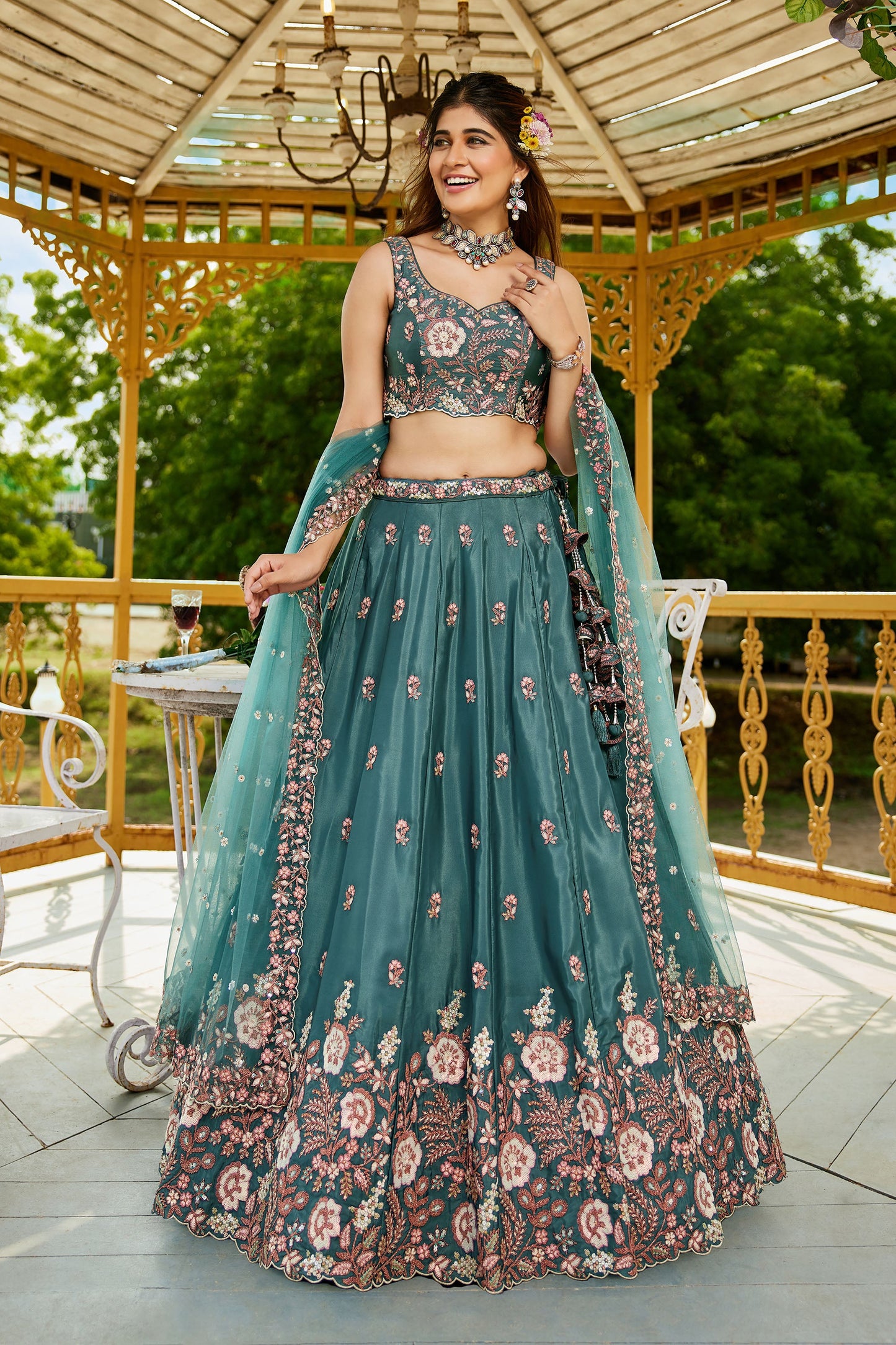 Teal colour Satin Sequins embroidery Lehenga choli & Dupatta