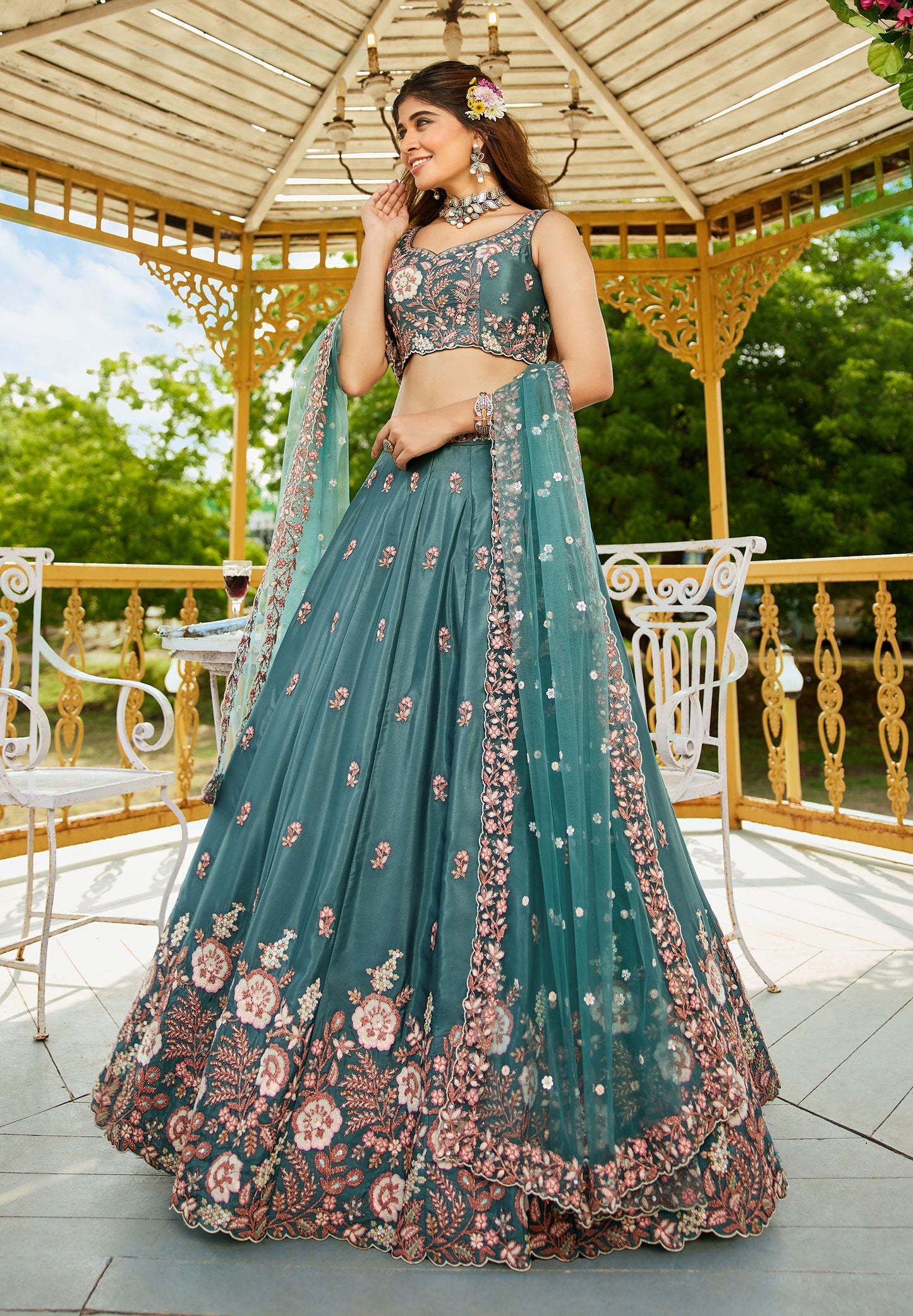 Teal colour Satin Sequins embroidery Lehenga choli & Dupatta