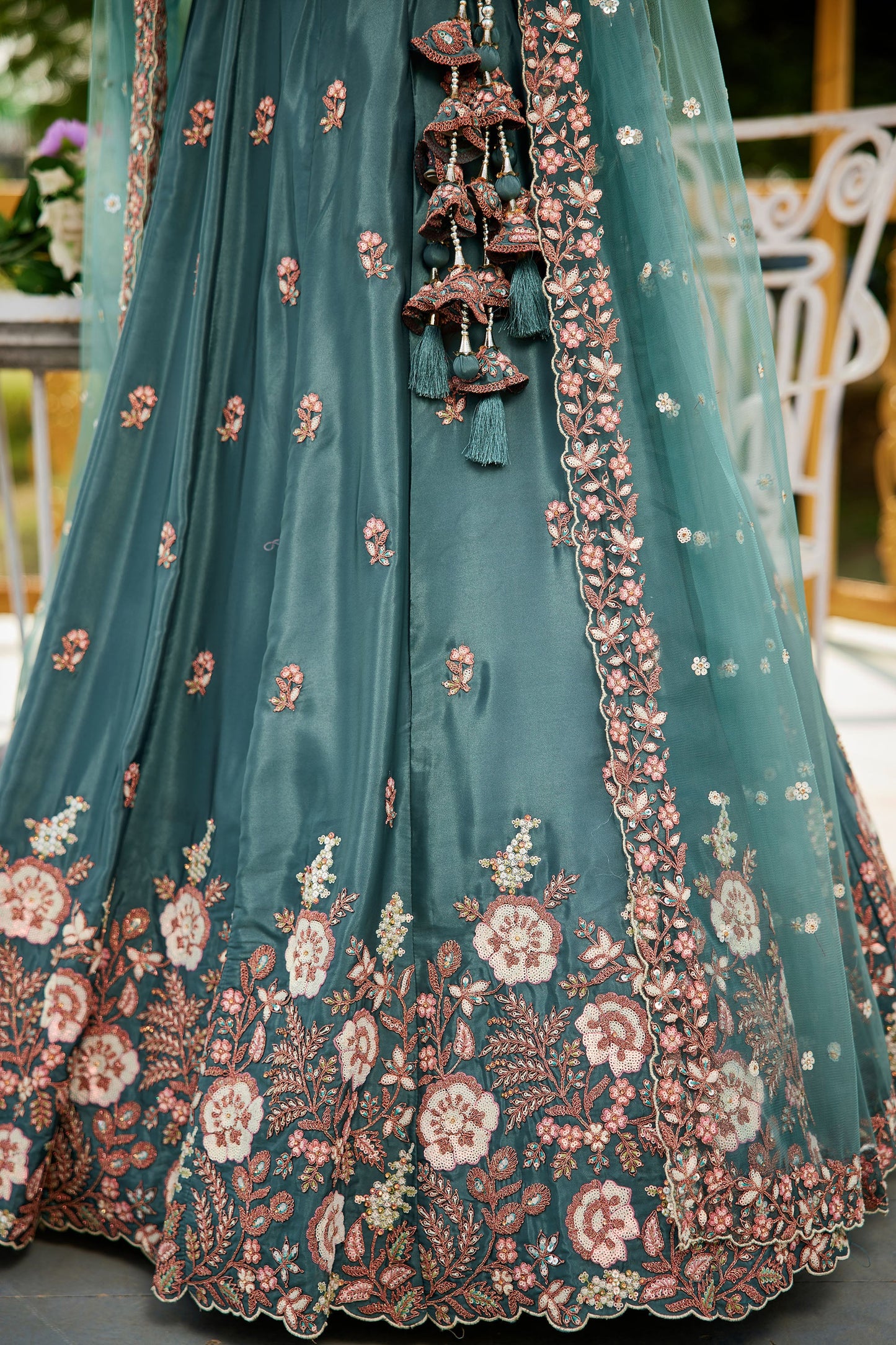 Teal colour Satin Sequins embroidery Lehenga choli & Dupatta
