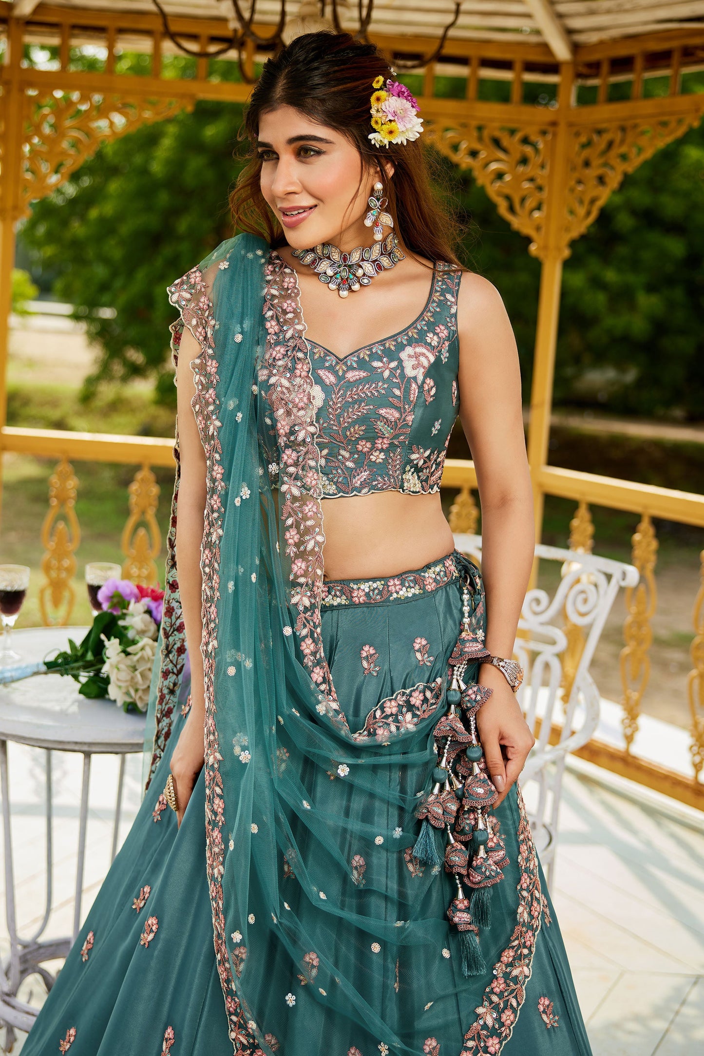 Teal colour Satin Sequins embroidery Lehenga choli & Dupatta