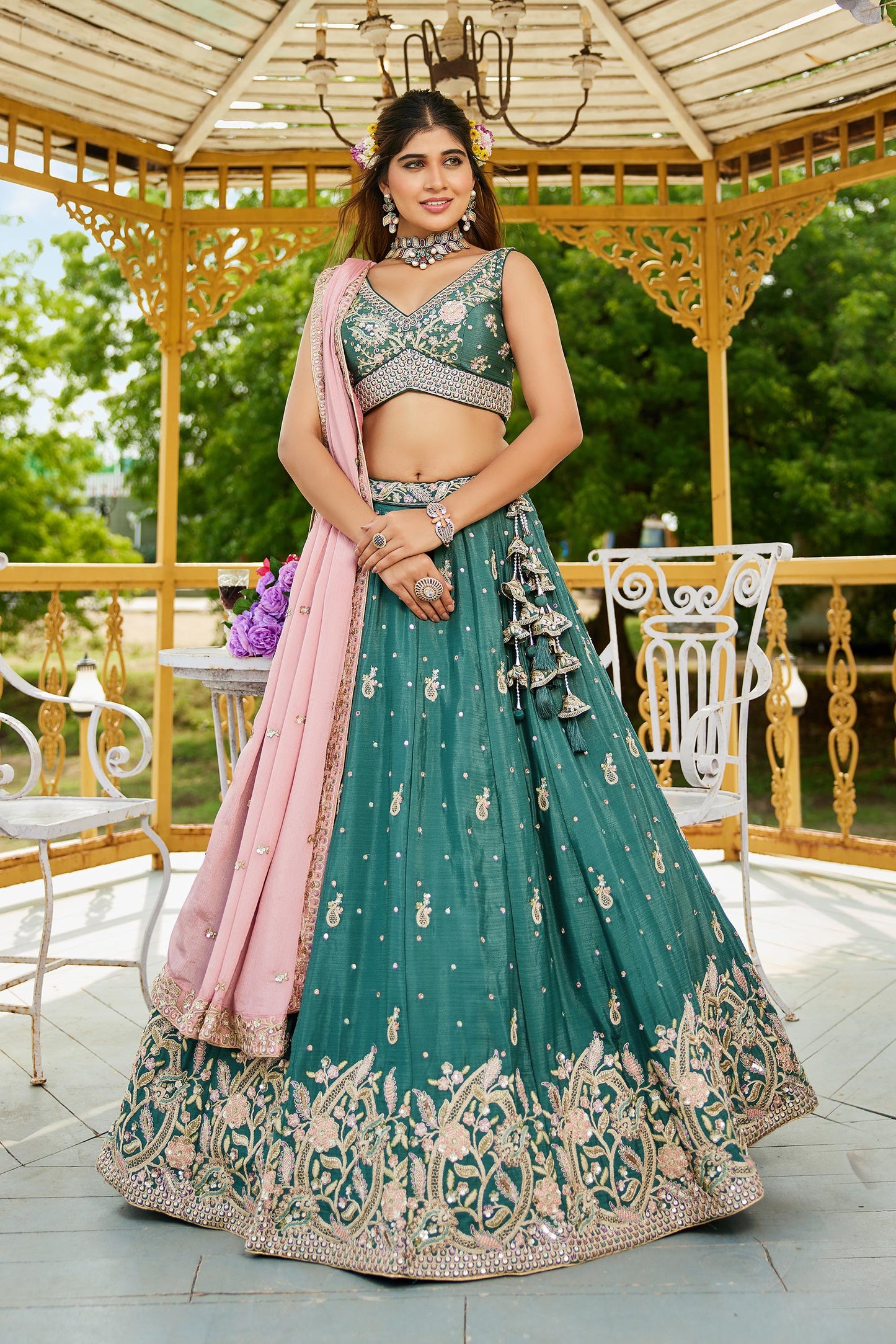 Teal colour Chinnon Sequinse embroidery Lehenga choli & Dupatta
