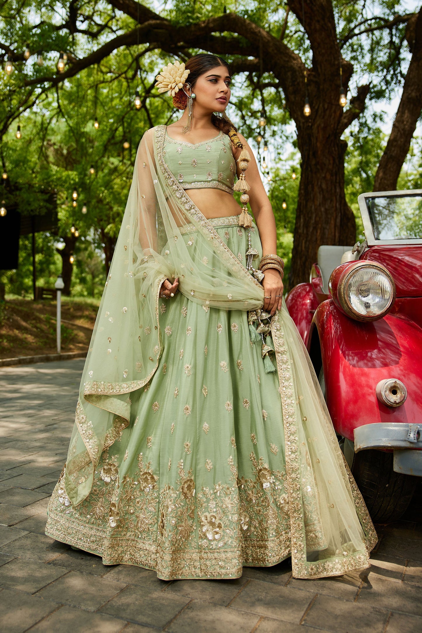 Lime Green colour Chinnon Sequins embroidery Lehenga choli & Dupatta