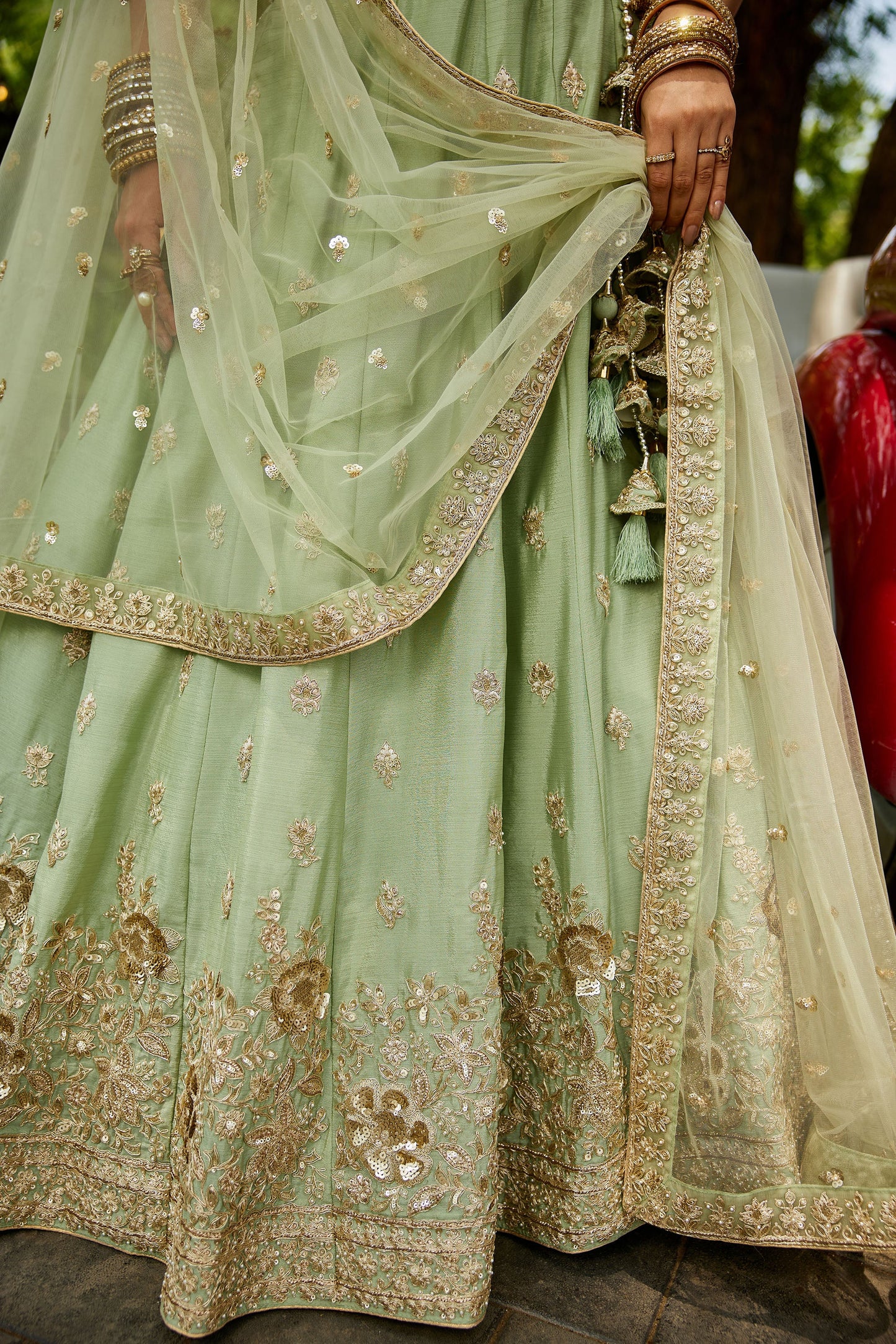 Lime Green colour Chinnon Sequins embroidery Lehenga choli & Dupatta