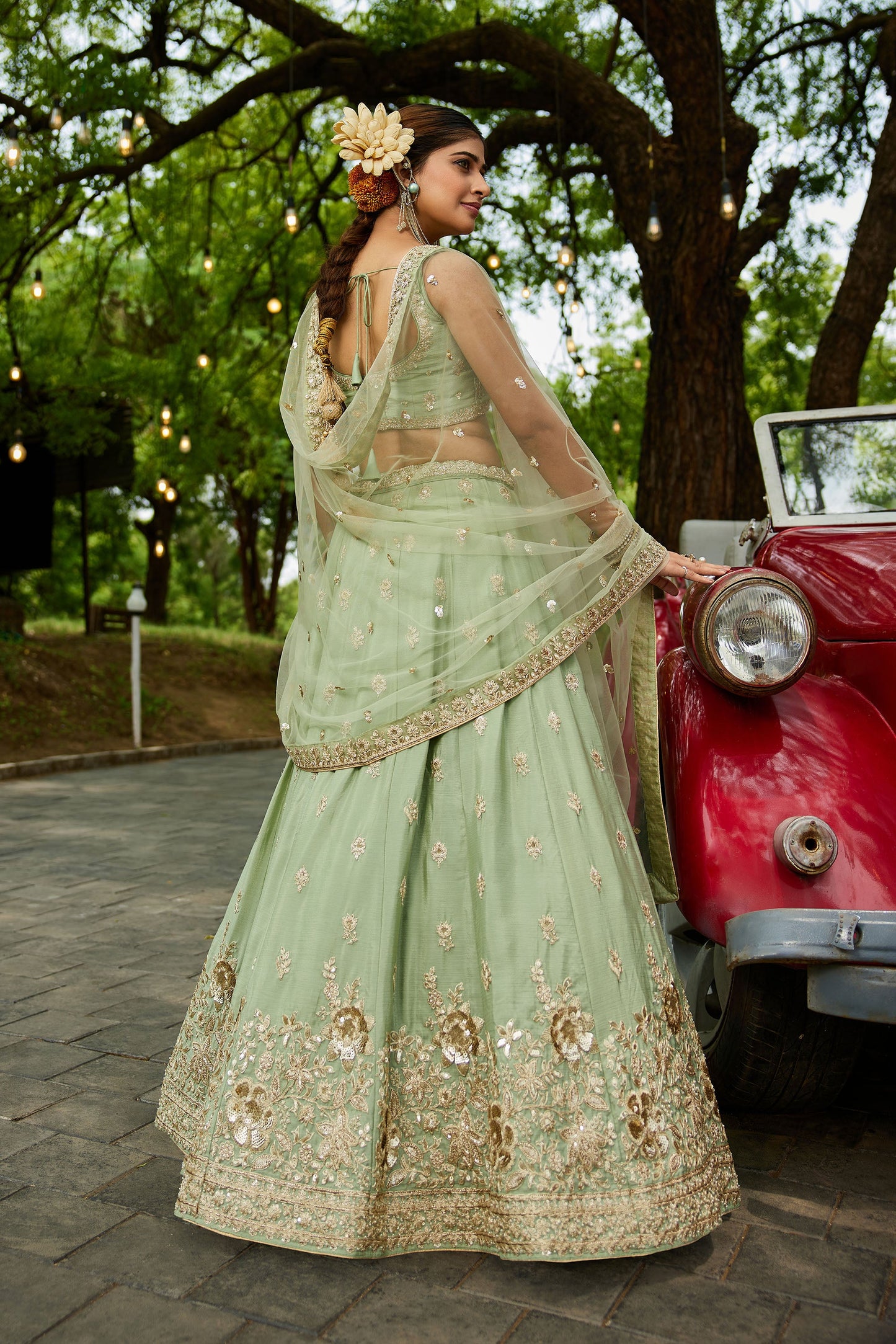 Lime Green colour Chinnon Sequins embroidery Lehenga choli & Dupatta