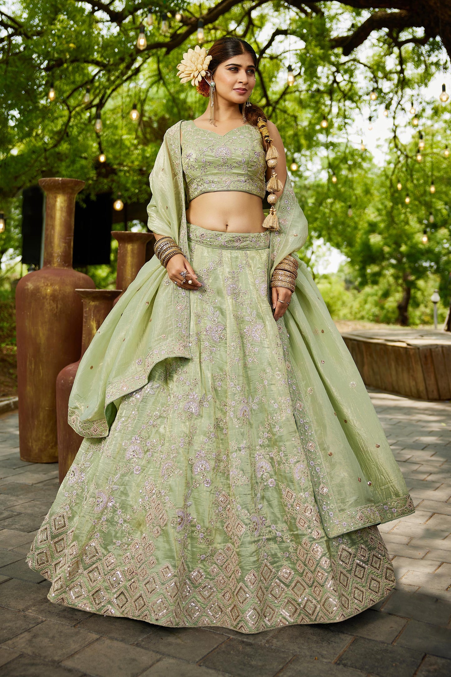 Lime Green colour Tissue Sequinse embroidery Lehenga choli & Dupatta