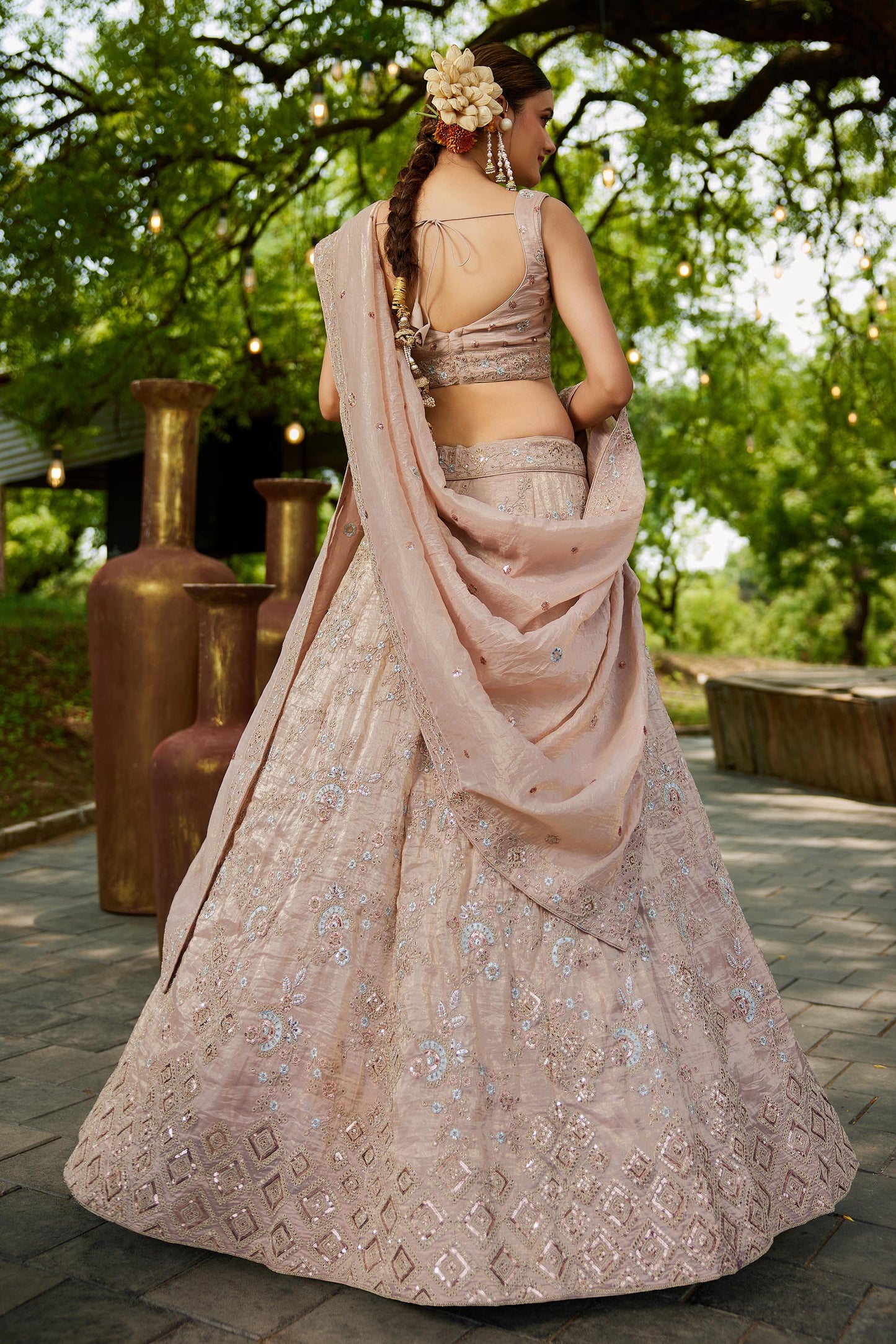 Nude colour Tissue Sequinse embroidery Lehenga choli & Dupatta
