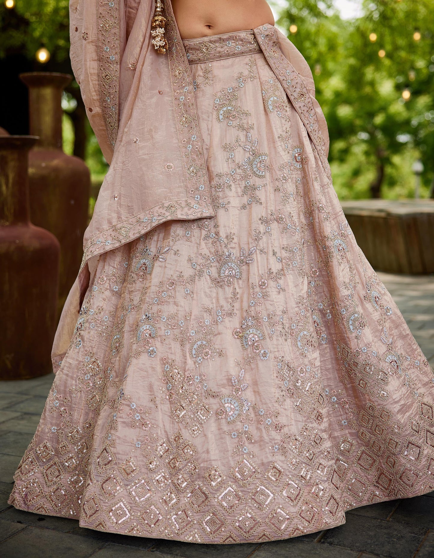 Nude colour Tissue Sequinse embroidery Lehenga choli & Dupatta