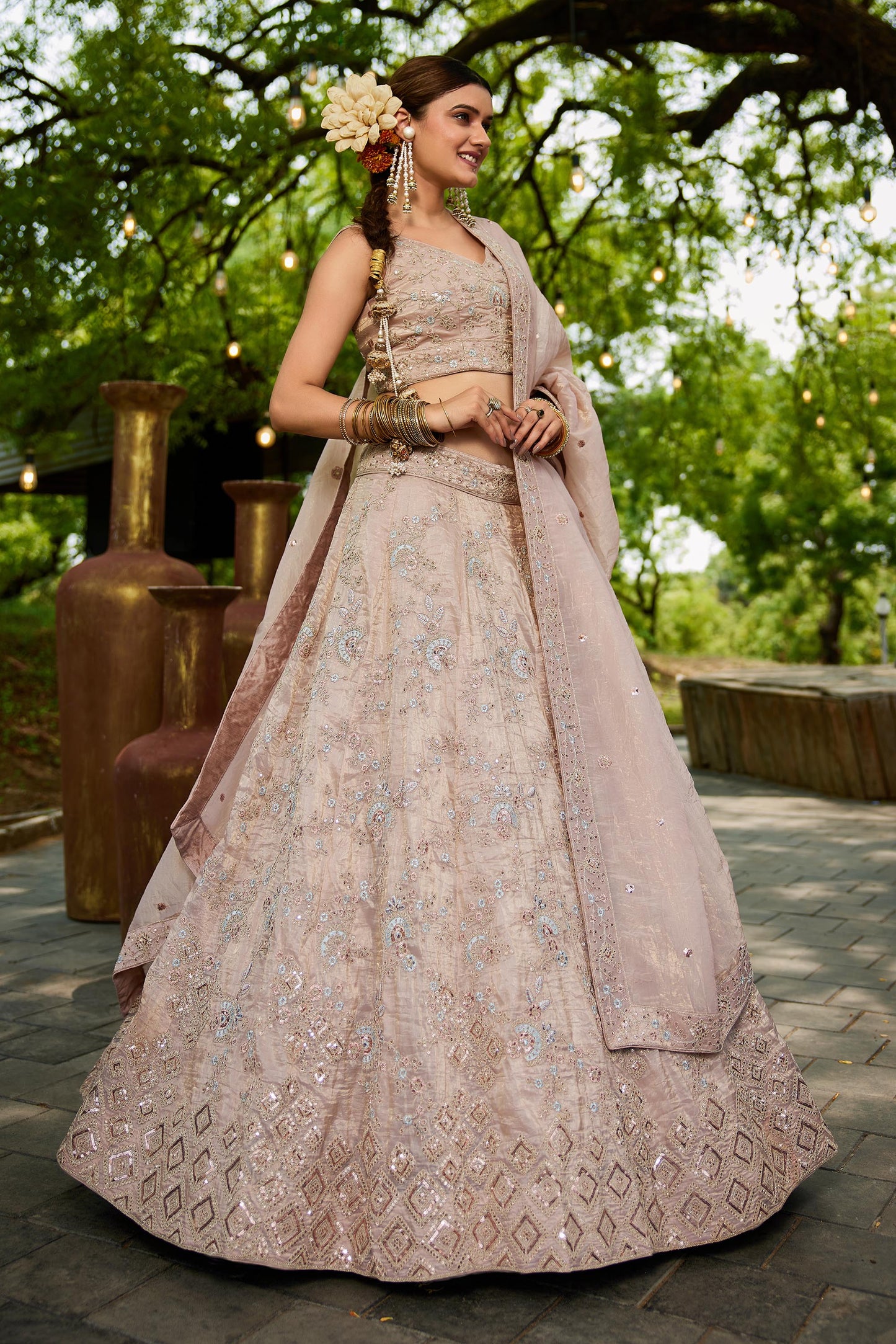 Nude colour Tissue Sequinse embroidery Lehenga choli & Dupatta