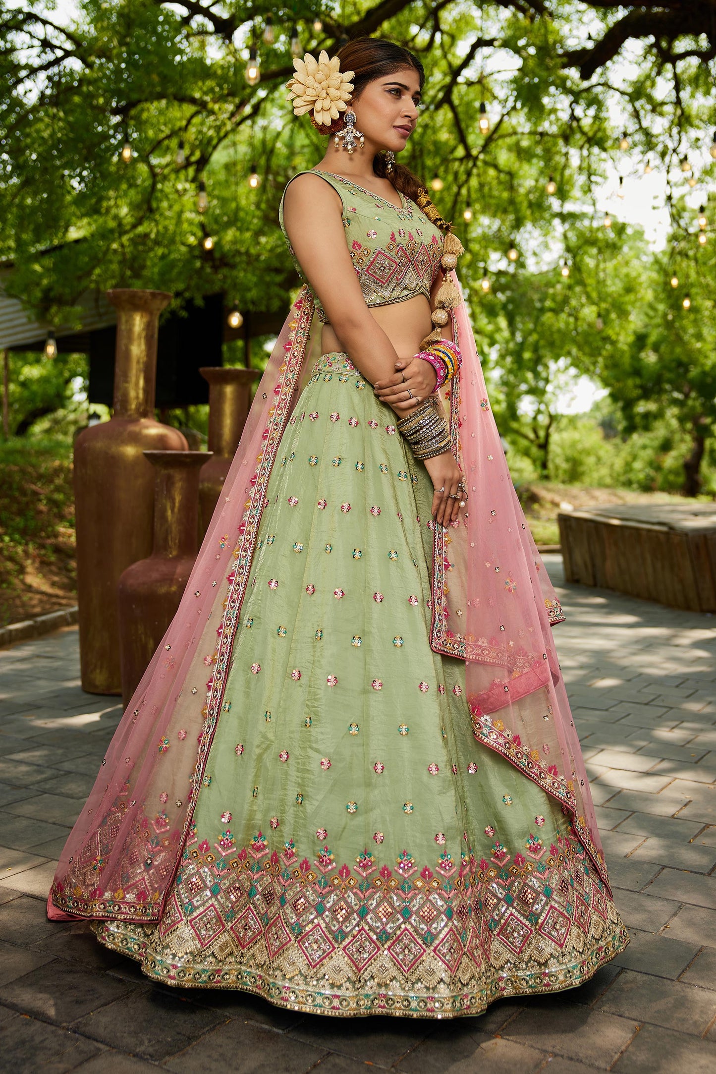 Lime green colour Tissue Sequinse embroidery Lehenga choli & Dupatta