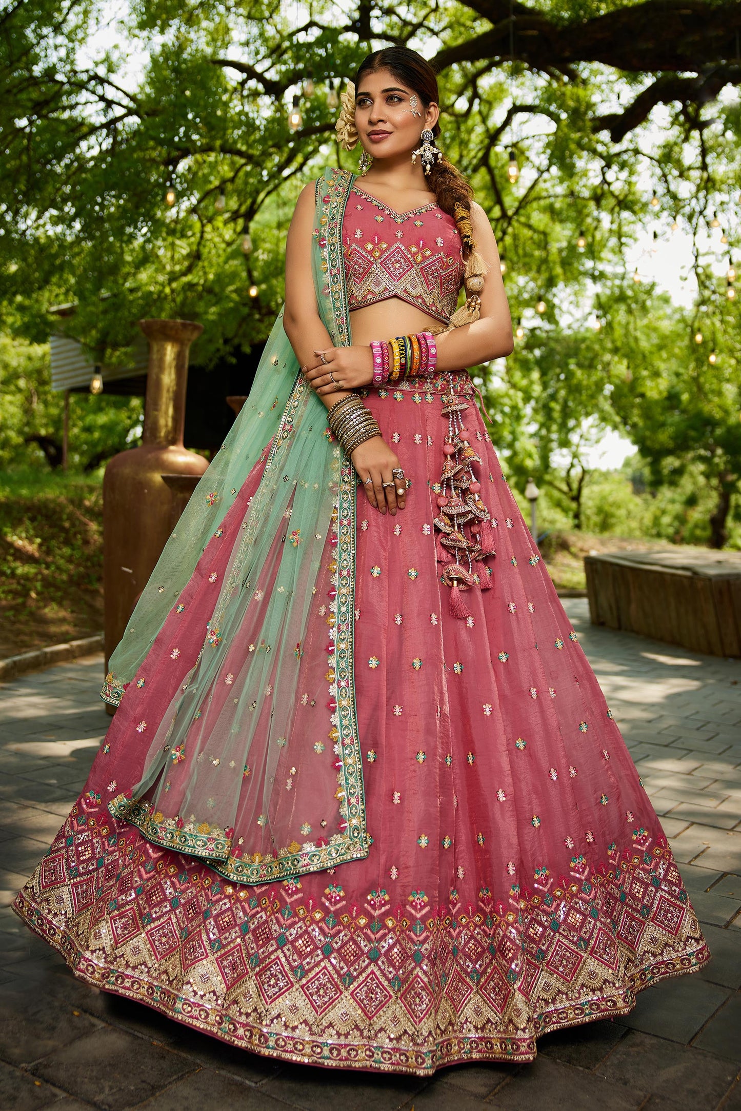 Pink colour Tissue Sequinse embroidery Lehenga choli & Dupatta