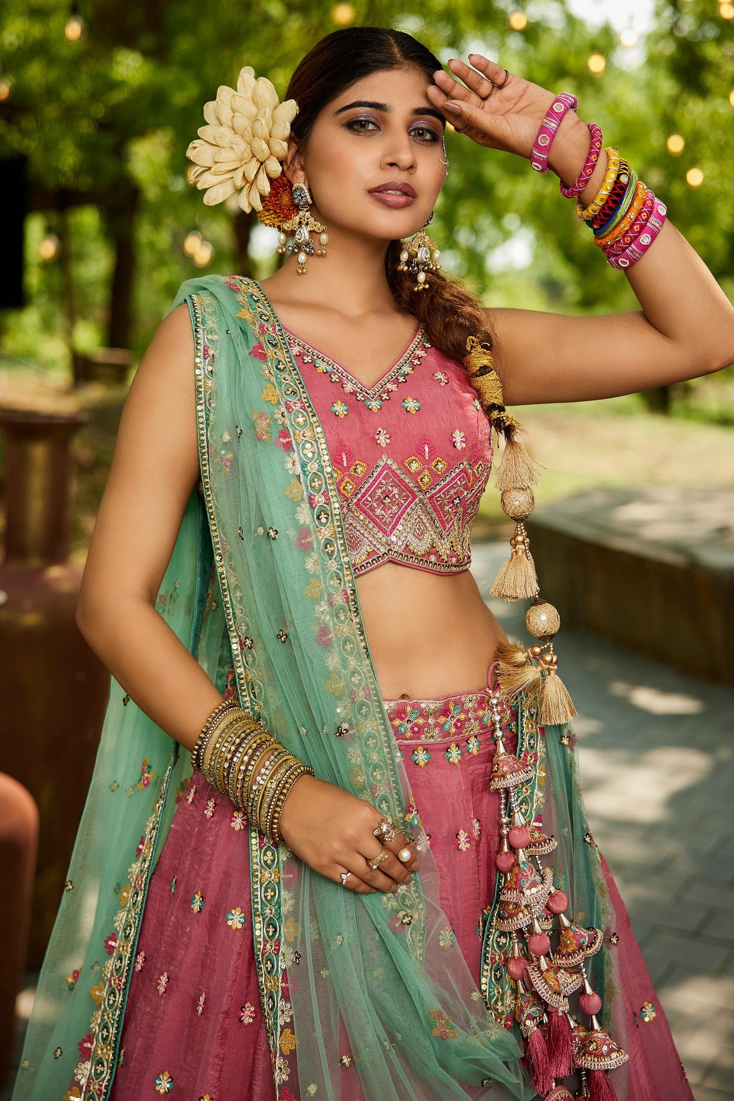 Pink colour Tissue Sequinse embroidery Lehenga choli & Dupatta