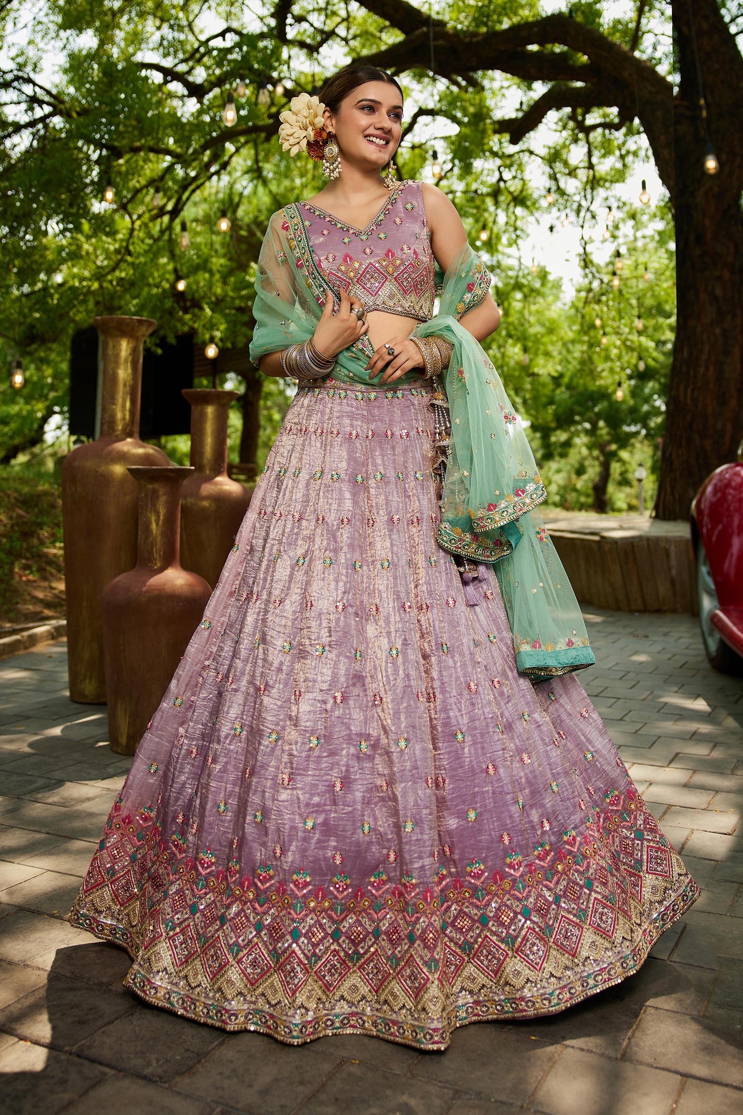 Lavender colour Tissue Sequinse embroidery Lehenga choli & Dupatta