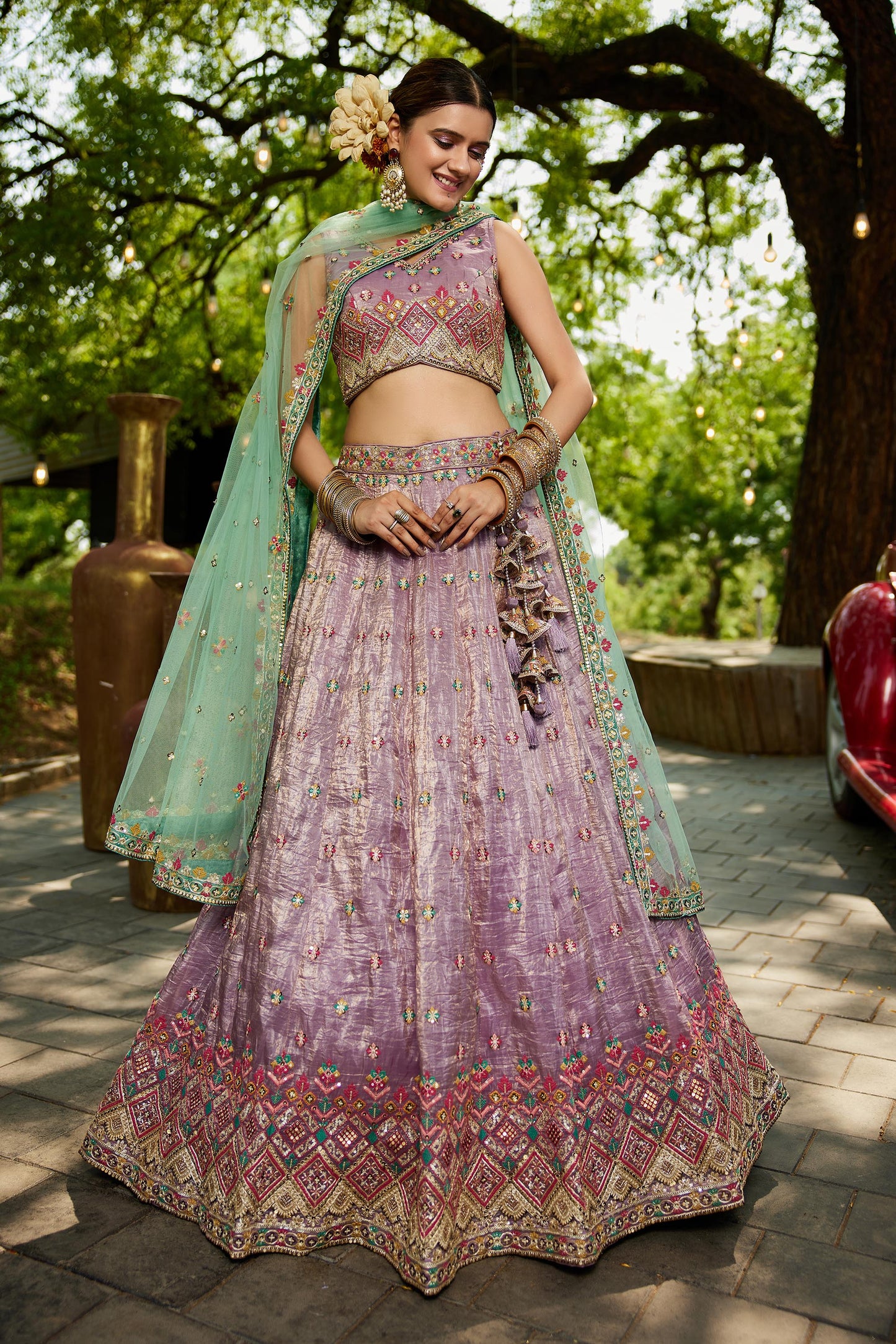 Lavender colour Tissue Sequinse embroidery Lehenga choli & Dupatta
