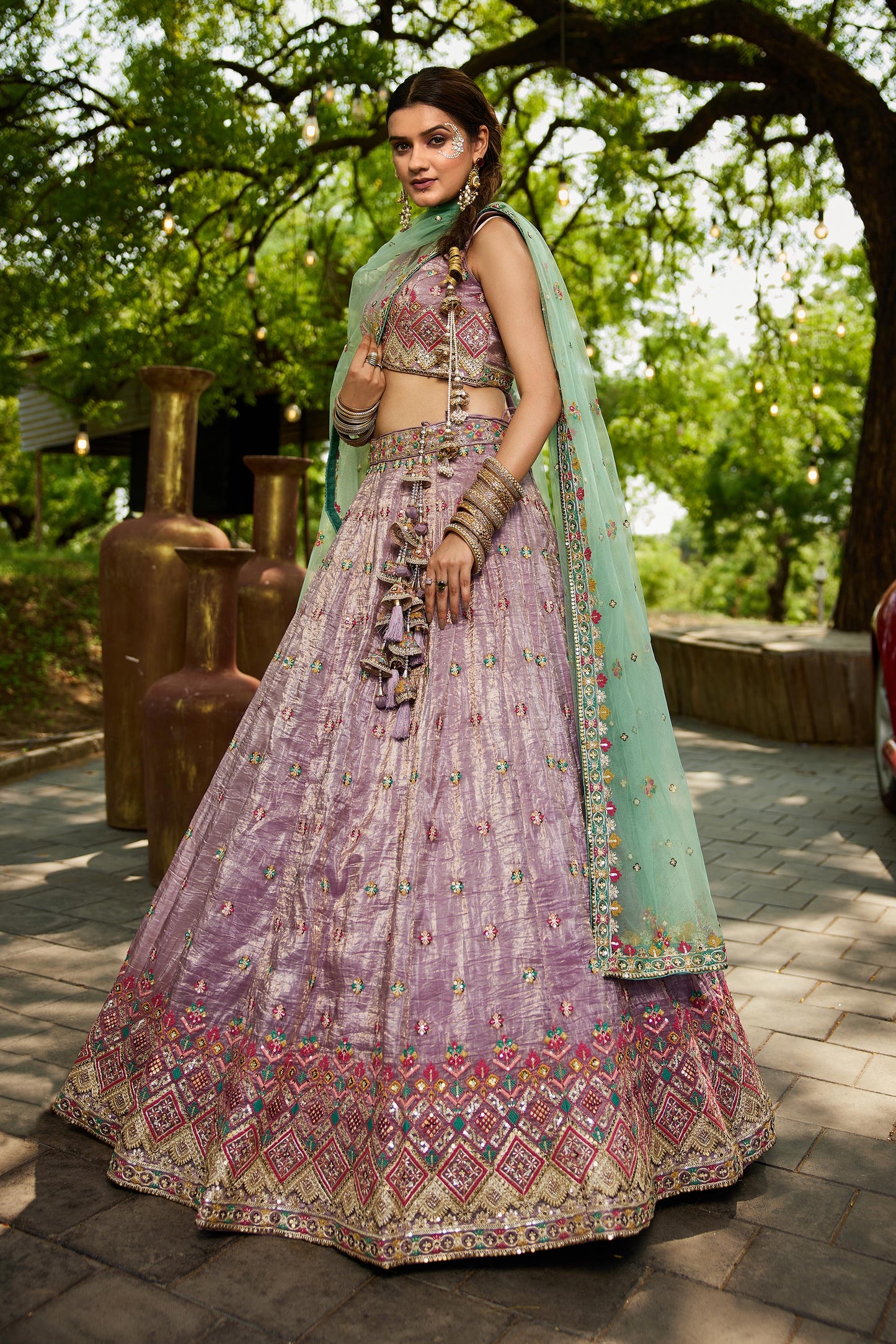 Lavender colour Tissue Sequinse embroidery Lehenga choli & Dupatta