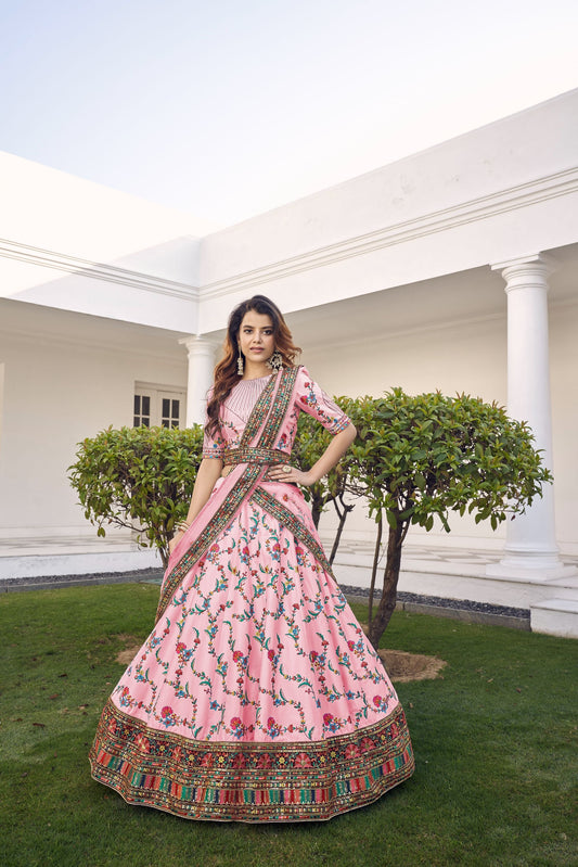 Pink Embroidered Sequined Lehenga With Dupatta