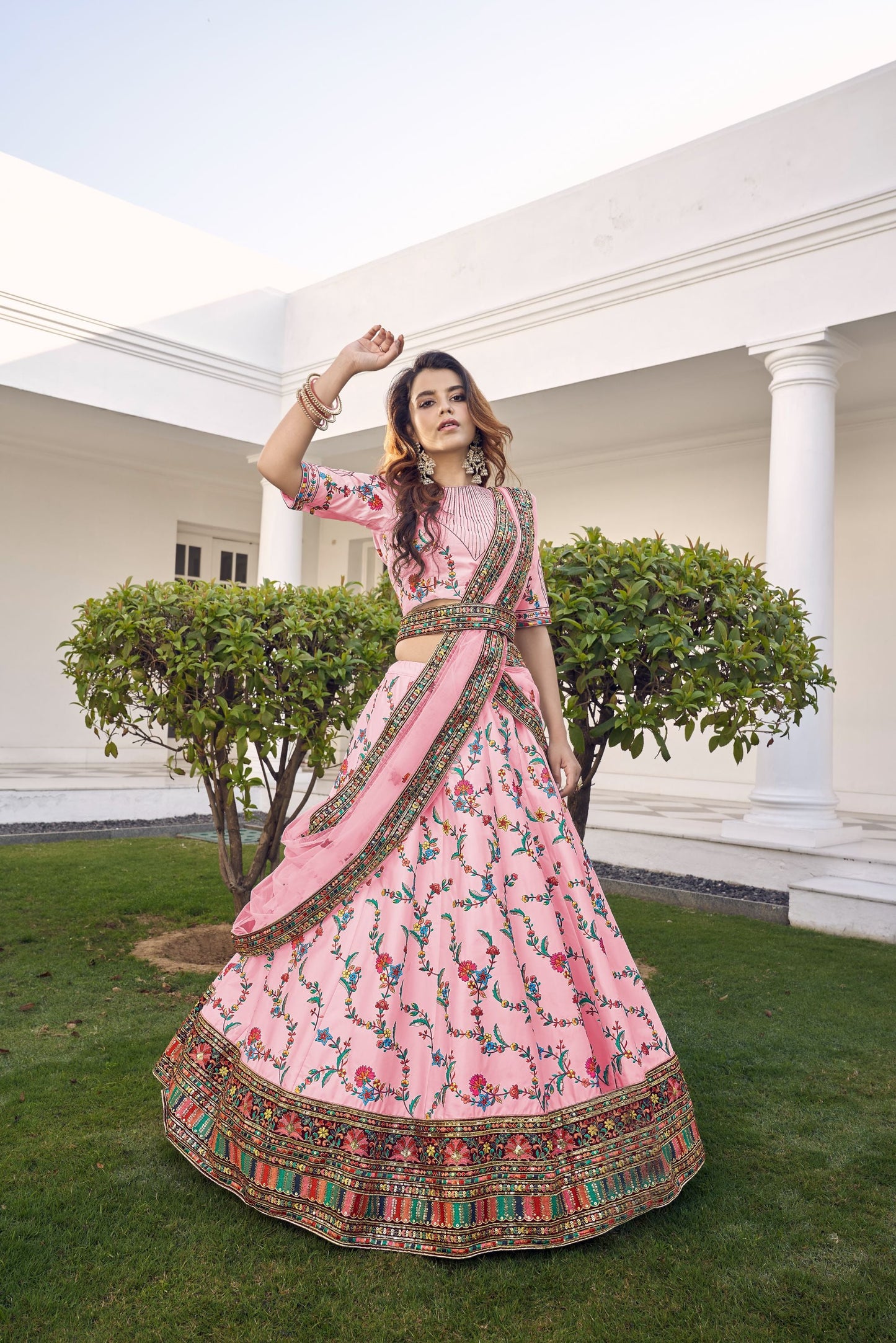 Pink Embroidered Sequined Lehenga With Dupatta