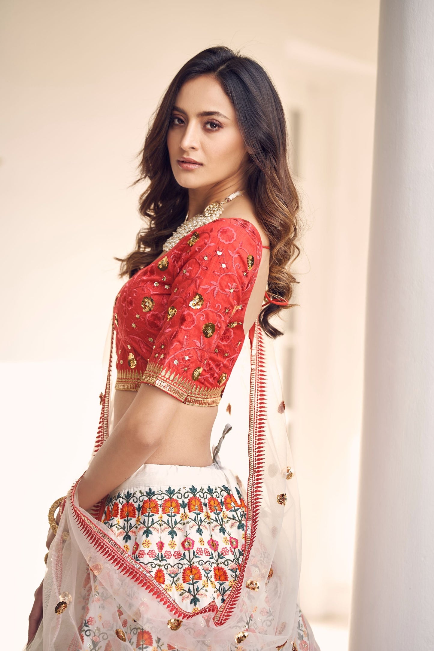 White Embroidered Sequined Lehenga Set