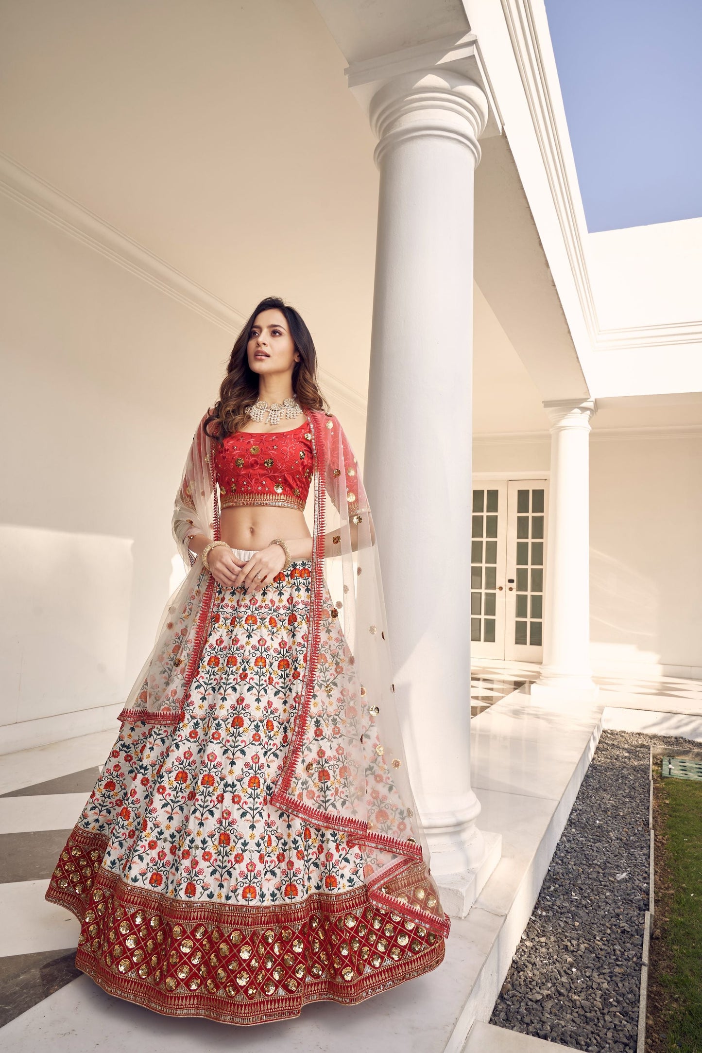 White Embroidered Sequined Lehenga Set