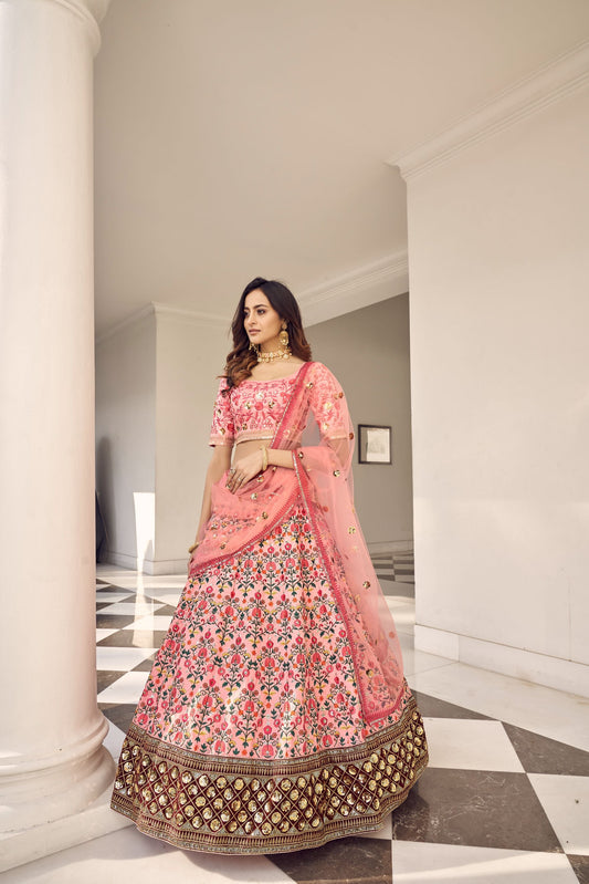 Pink Embroidery Silk Lehenga With Dupatta
