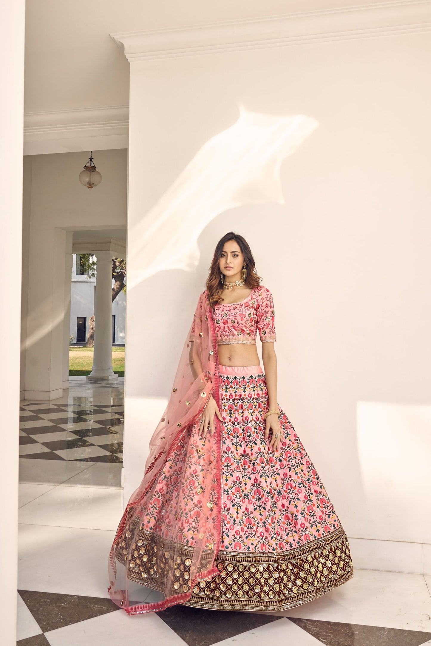 Pink Embroidery Silk Lehenga With Dupatta