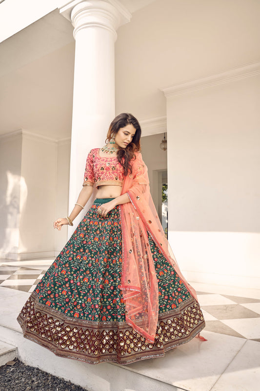 Green & Orange Embroidery Lehenga With Dupatta