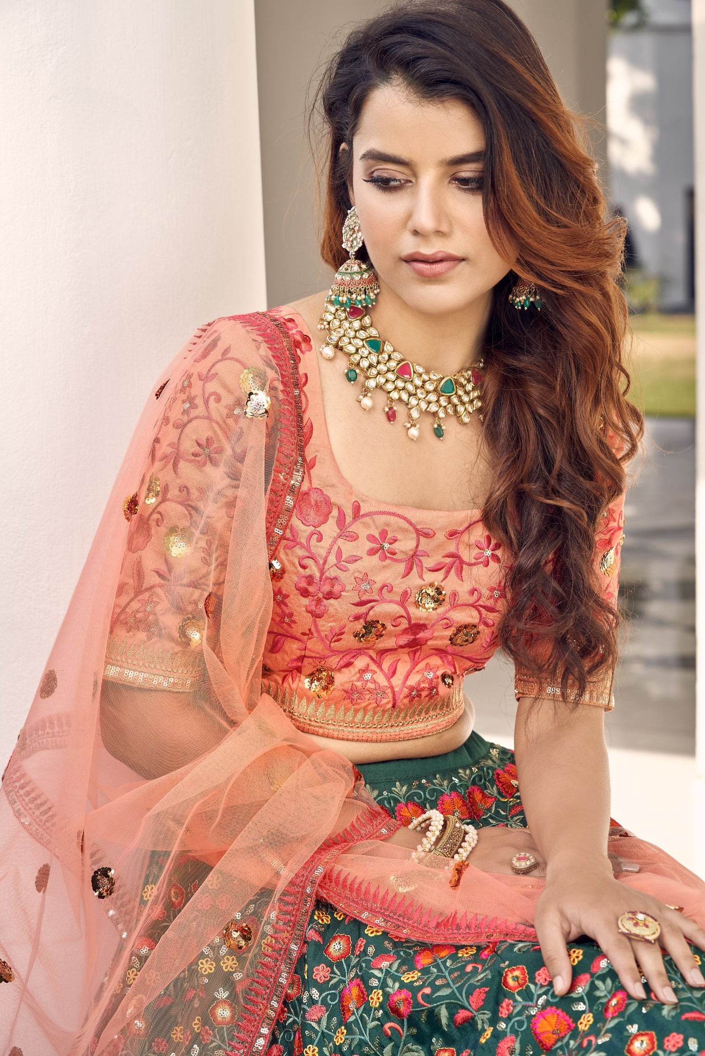 Green & Orange Embroidery Lehenga With Dupatta