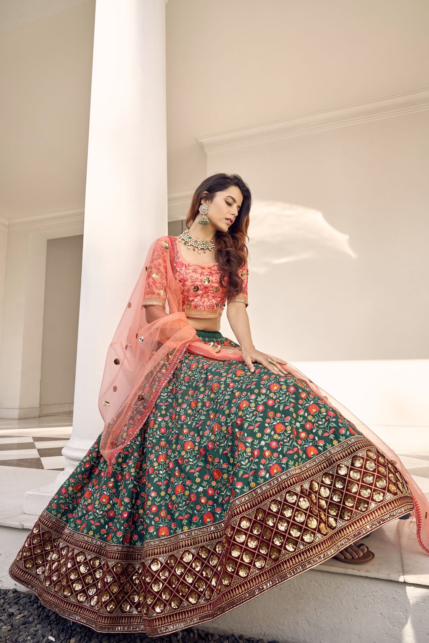 Green & Orange Embroidery Lehenga With Dupatta