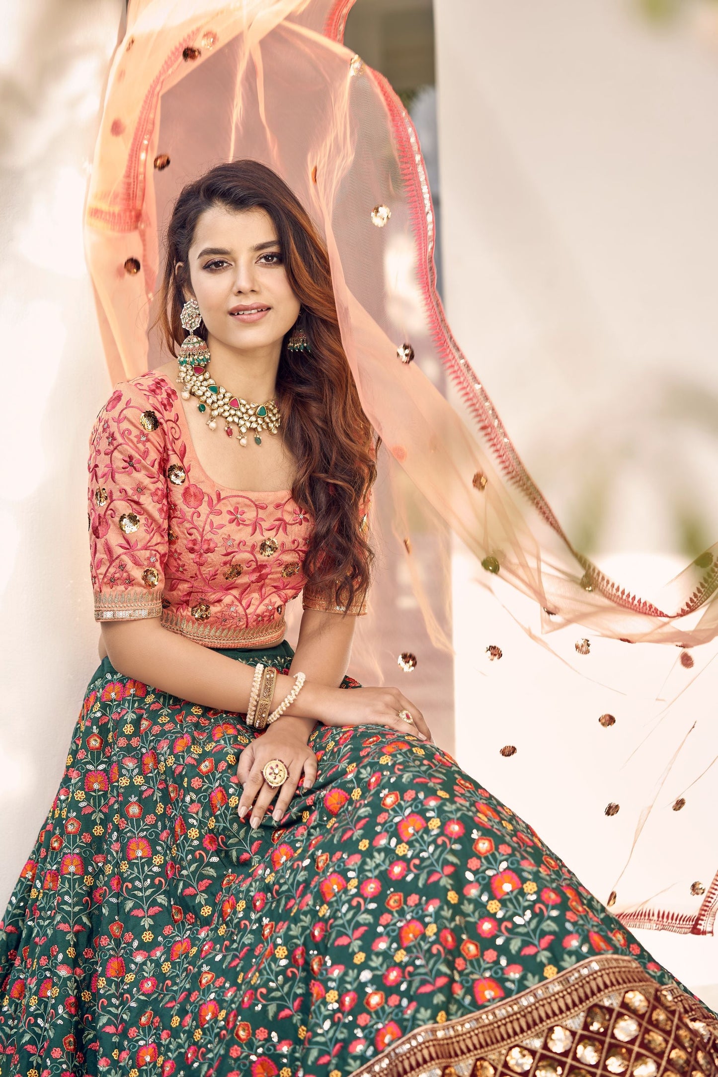 Green & Orange Embroidery Lehenga With Dupatta