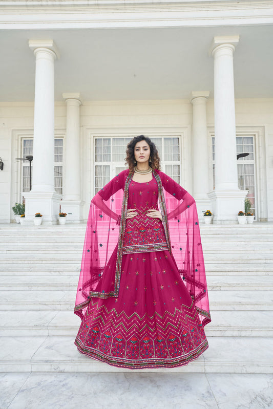 Dark Pink Color Faux Chiffon Gota Work Lehenga
