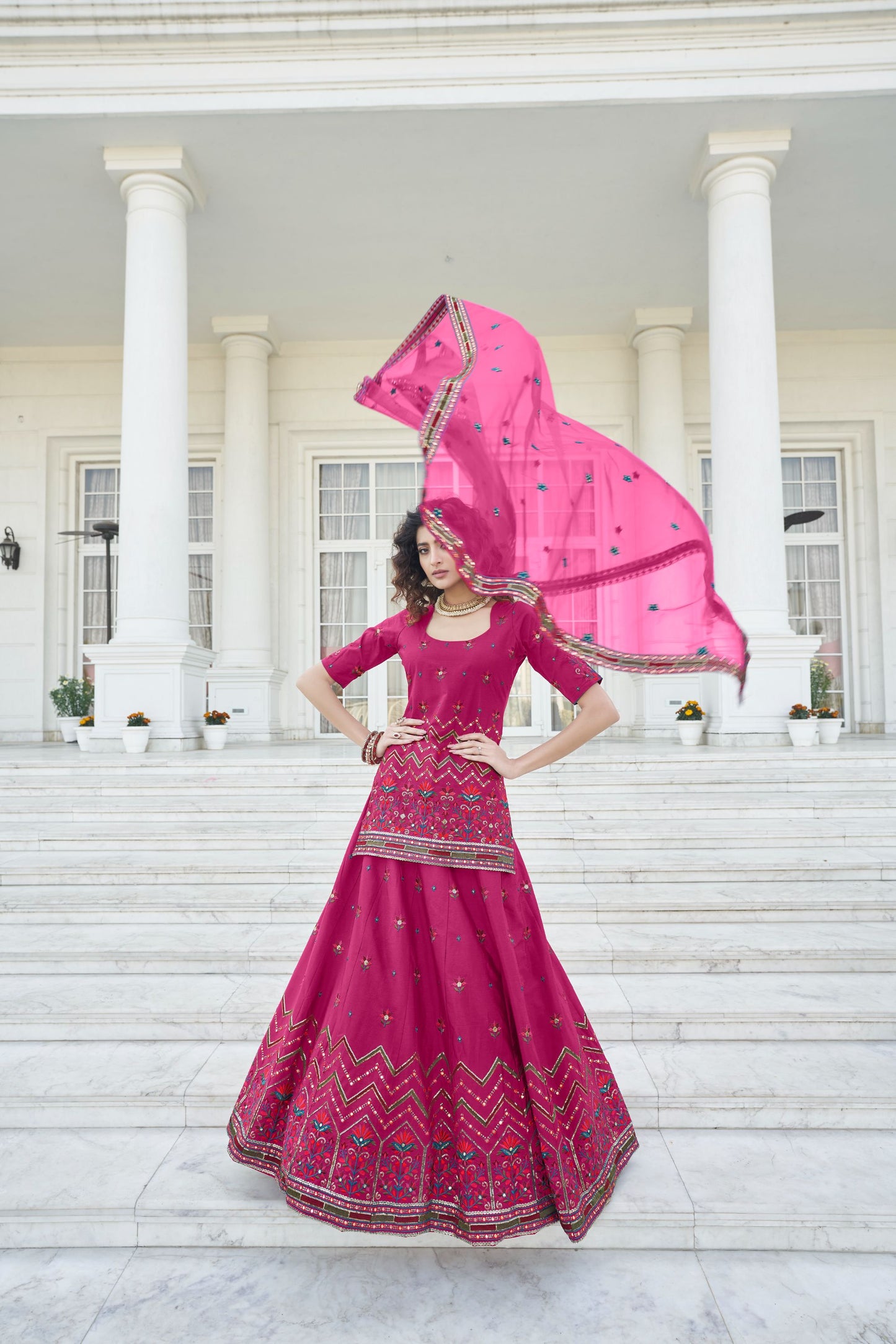 Dark Pink Color Faux Chiffon Gota Work Lehenga