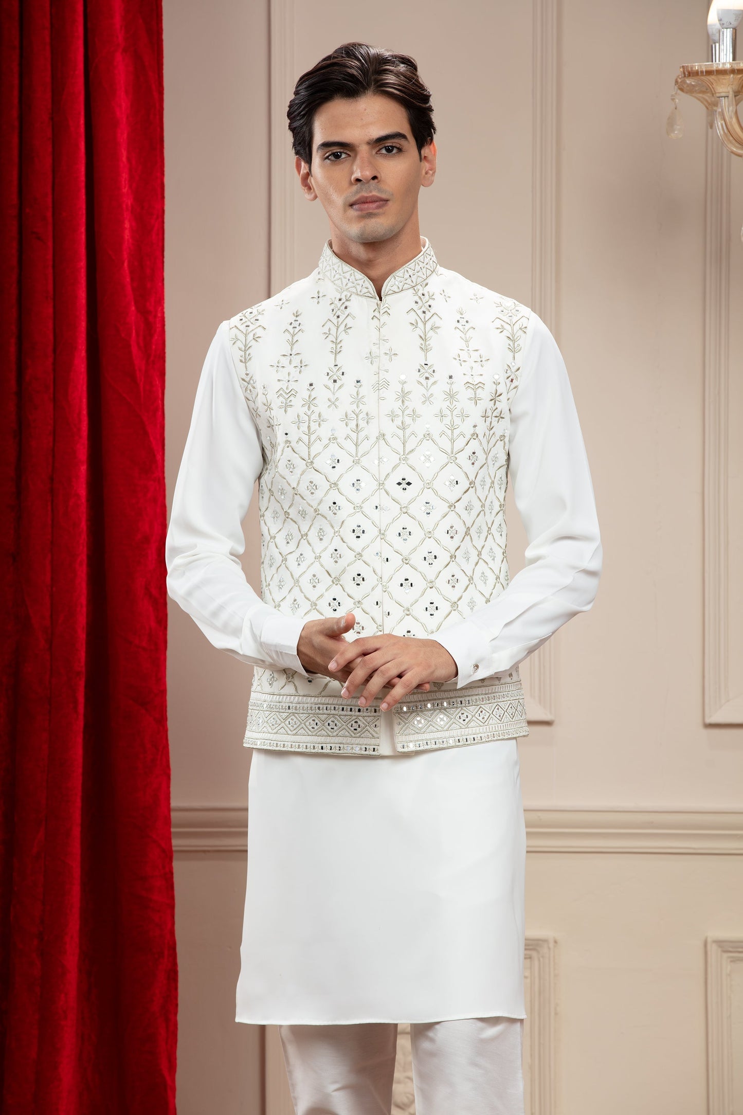 Porcelain white jacket kurta set with mirror work