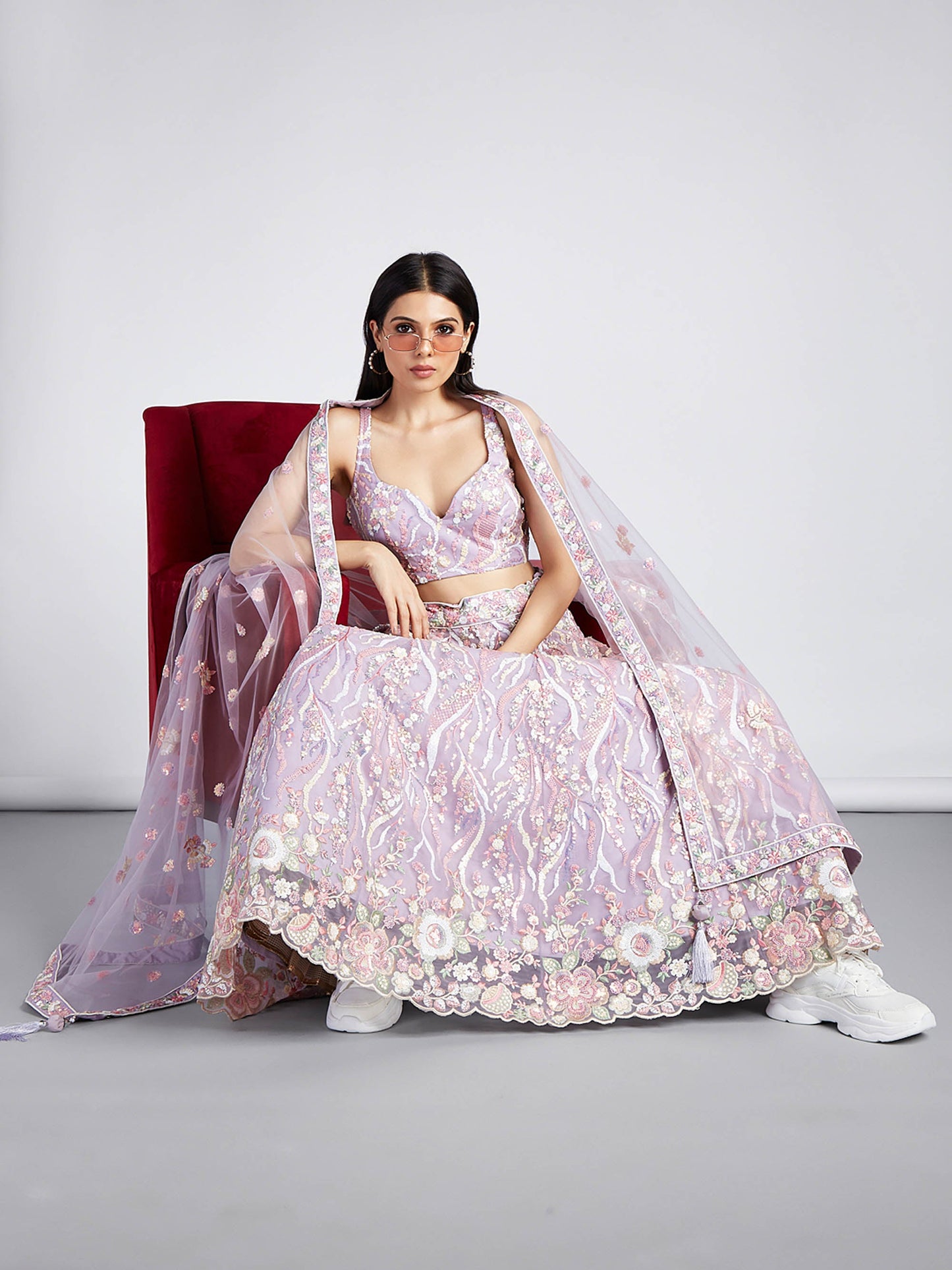 Mauve Net Sequins and thread embroidery Lehenga choli & Dupatta