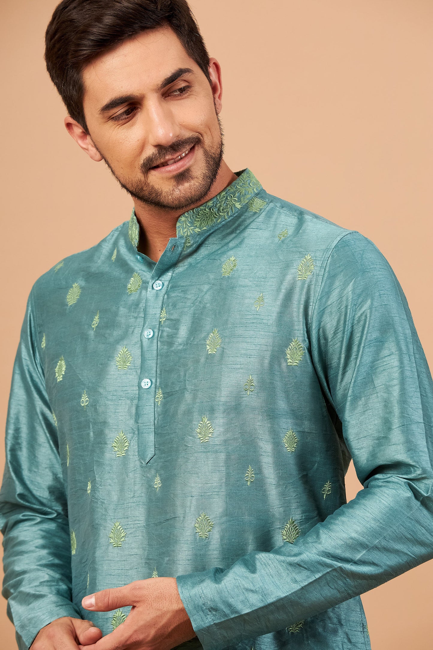 Teal Semi Raw Silk Machine Embroidered Festive ( only Kurta )
